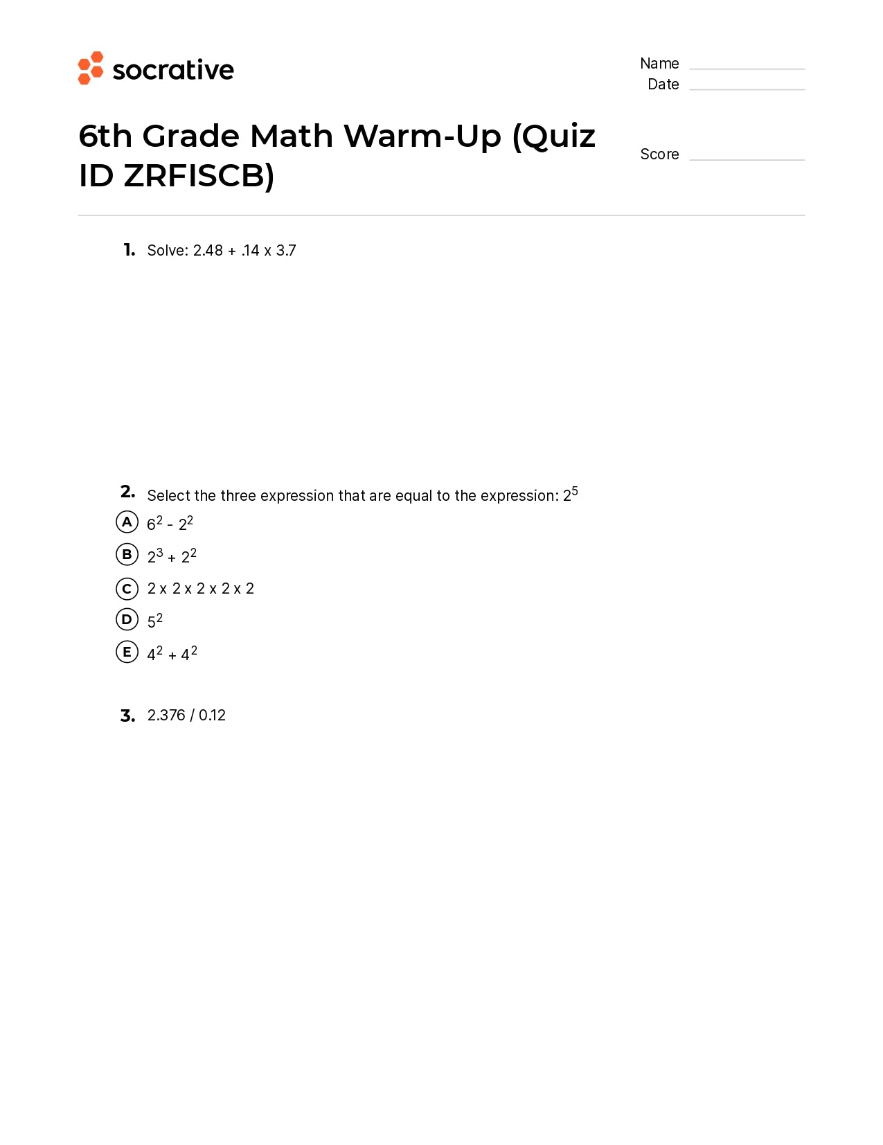6Th Grade Math Warm-Up