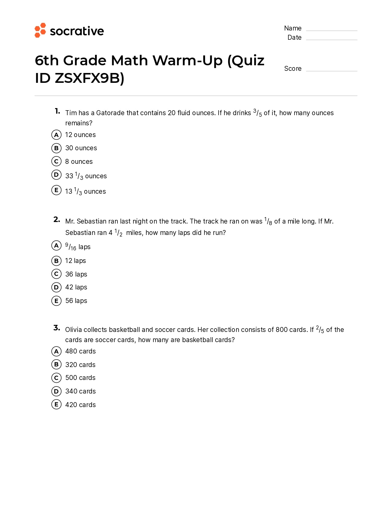 6Th Grade Math Warm-Up