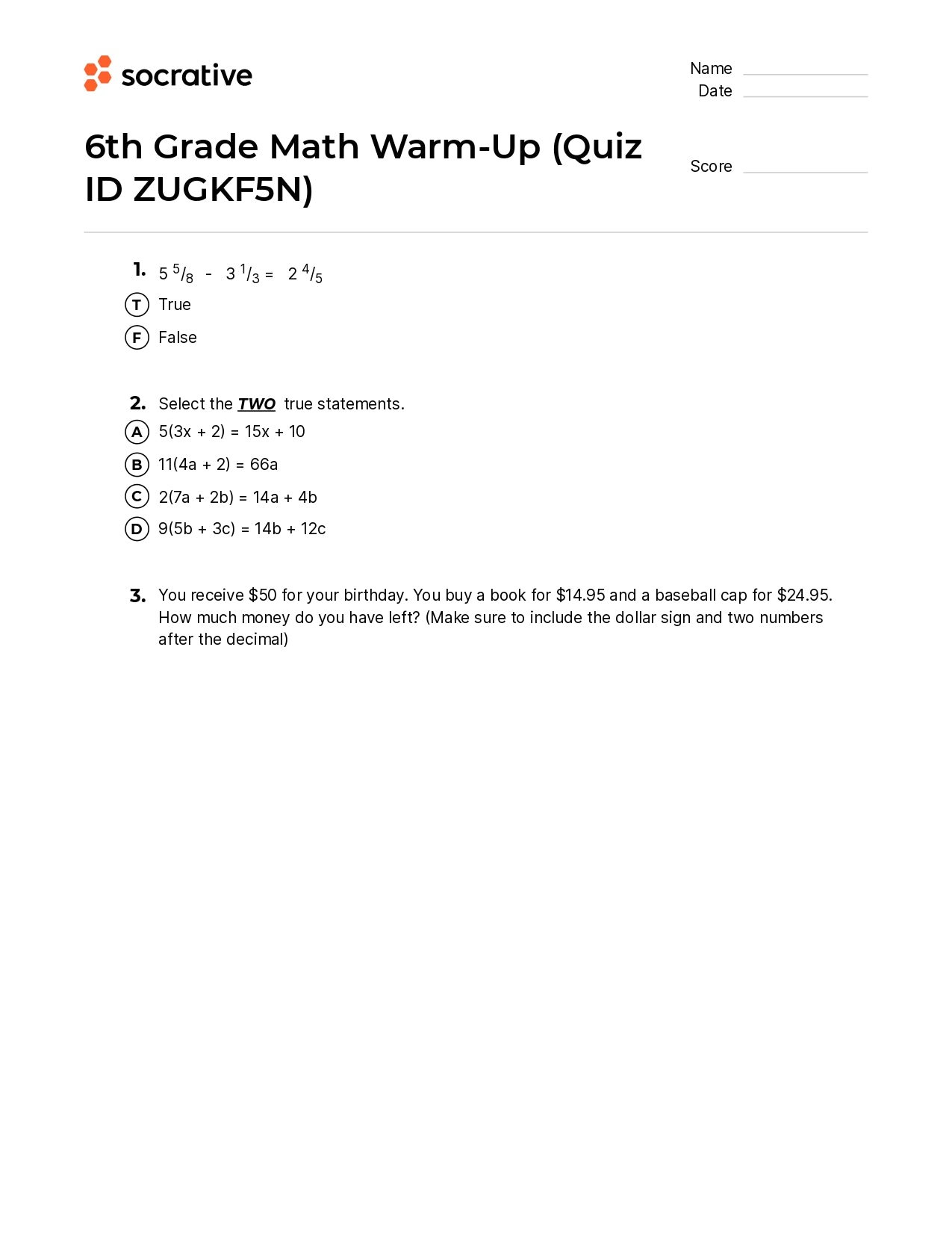6Th Grade Math Warm-Up
