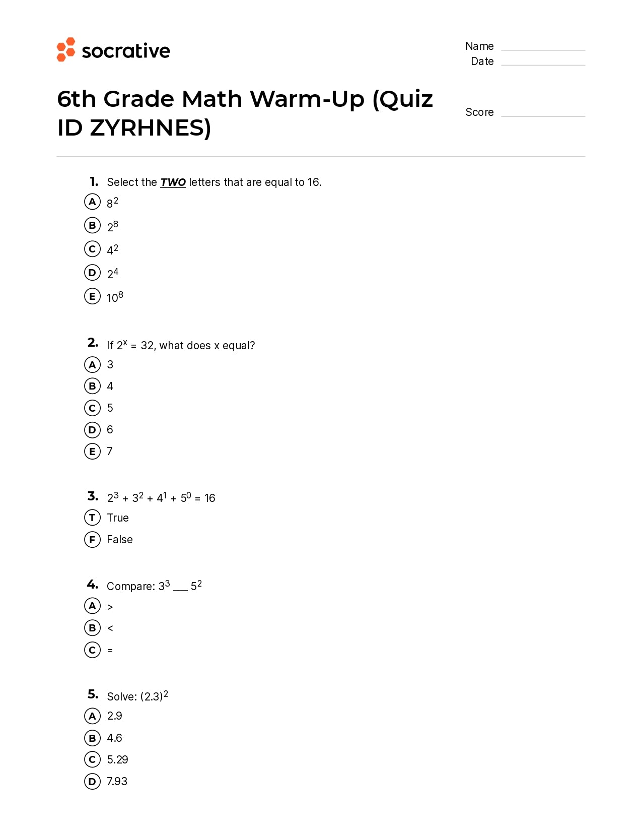 6Th Grade Math Warm-Up