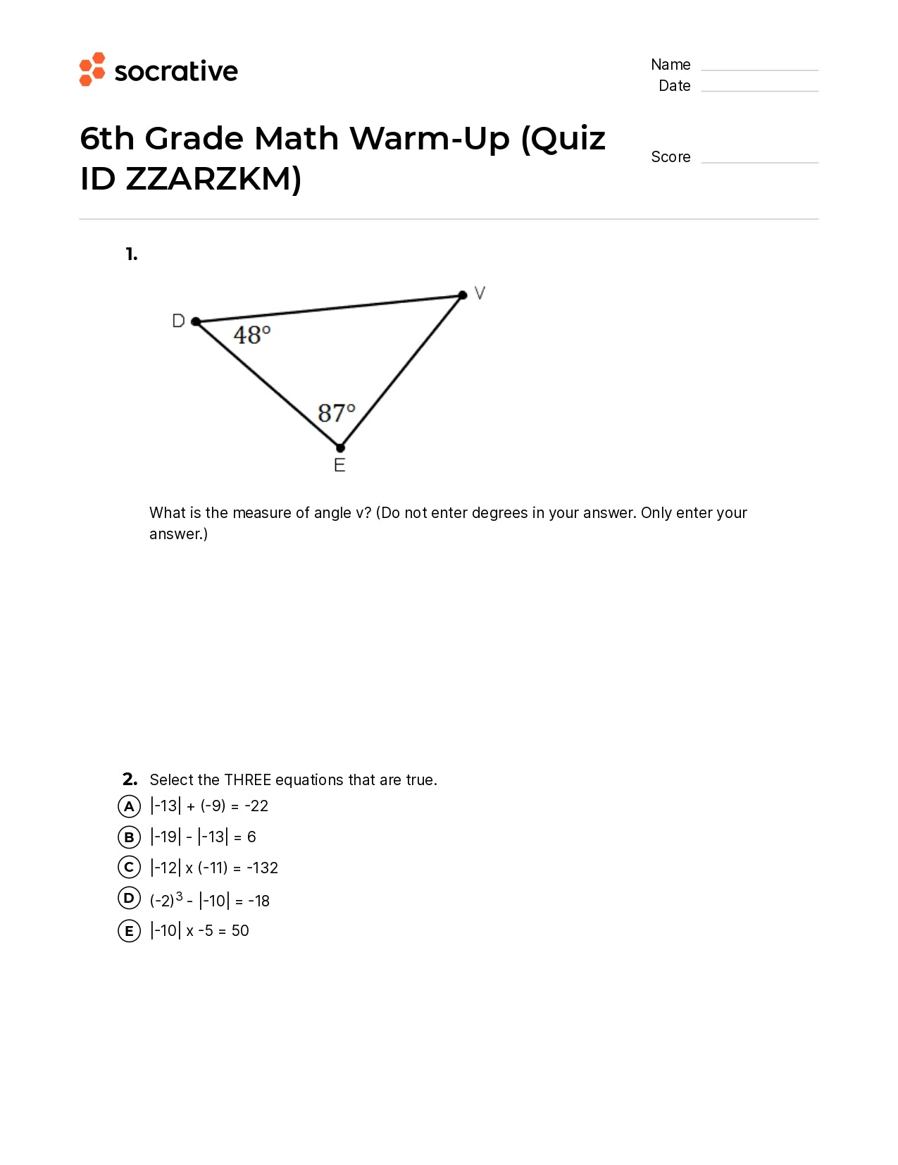 6Th Grade Math Warm-Up