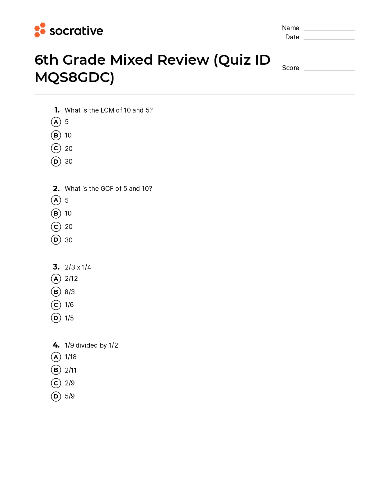 6Th Grade Mixed Review