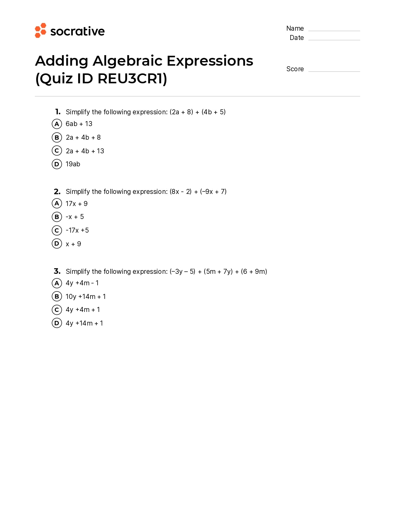Adding Algebraic Expressions