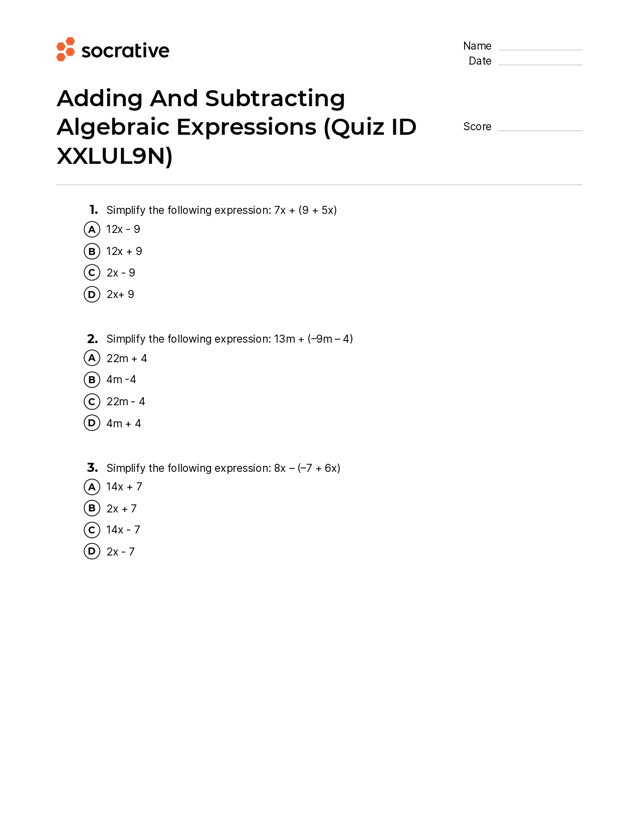 Adding And Subtracting Algebraic Expressions