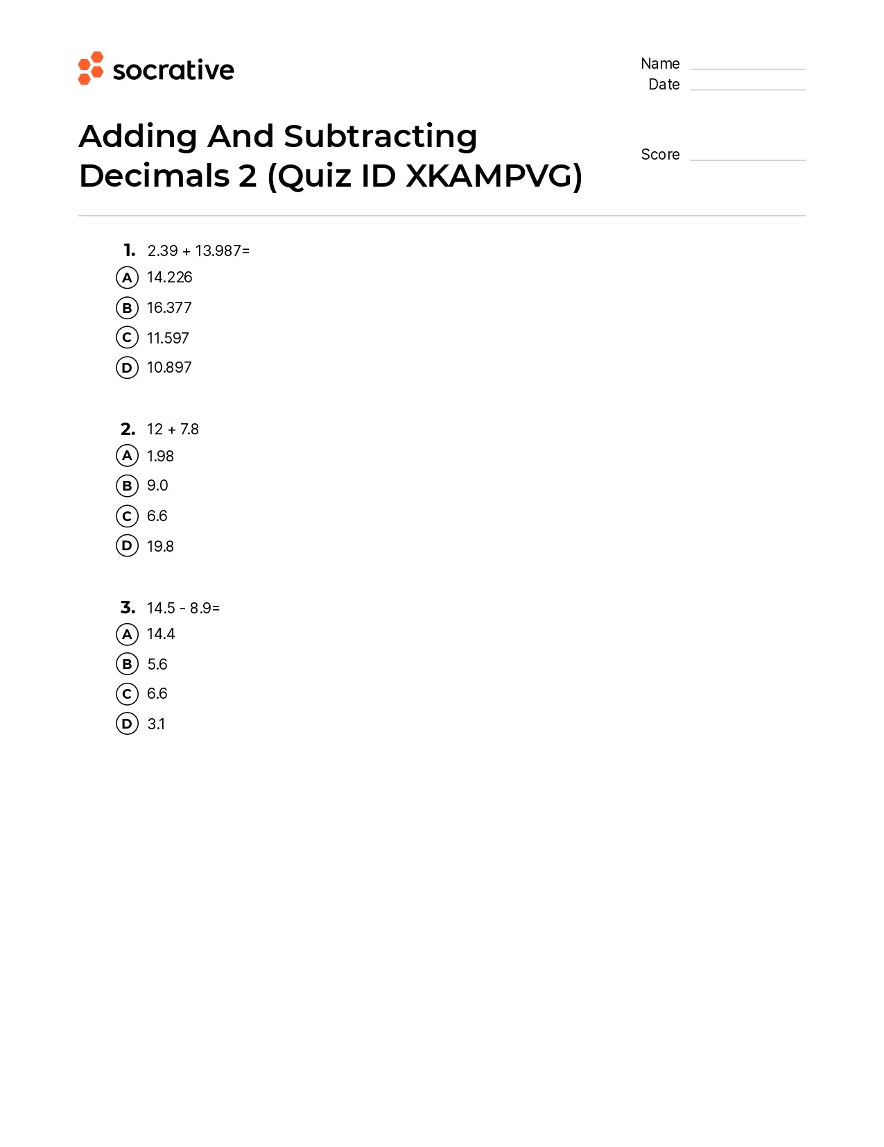 Adding And Subtracting Decimals 2