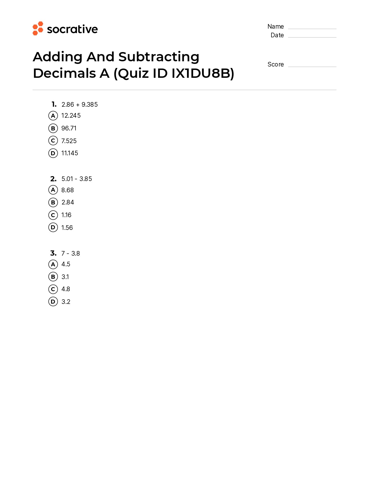 Adding And Subtracting Decimals A