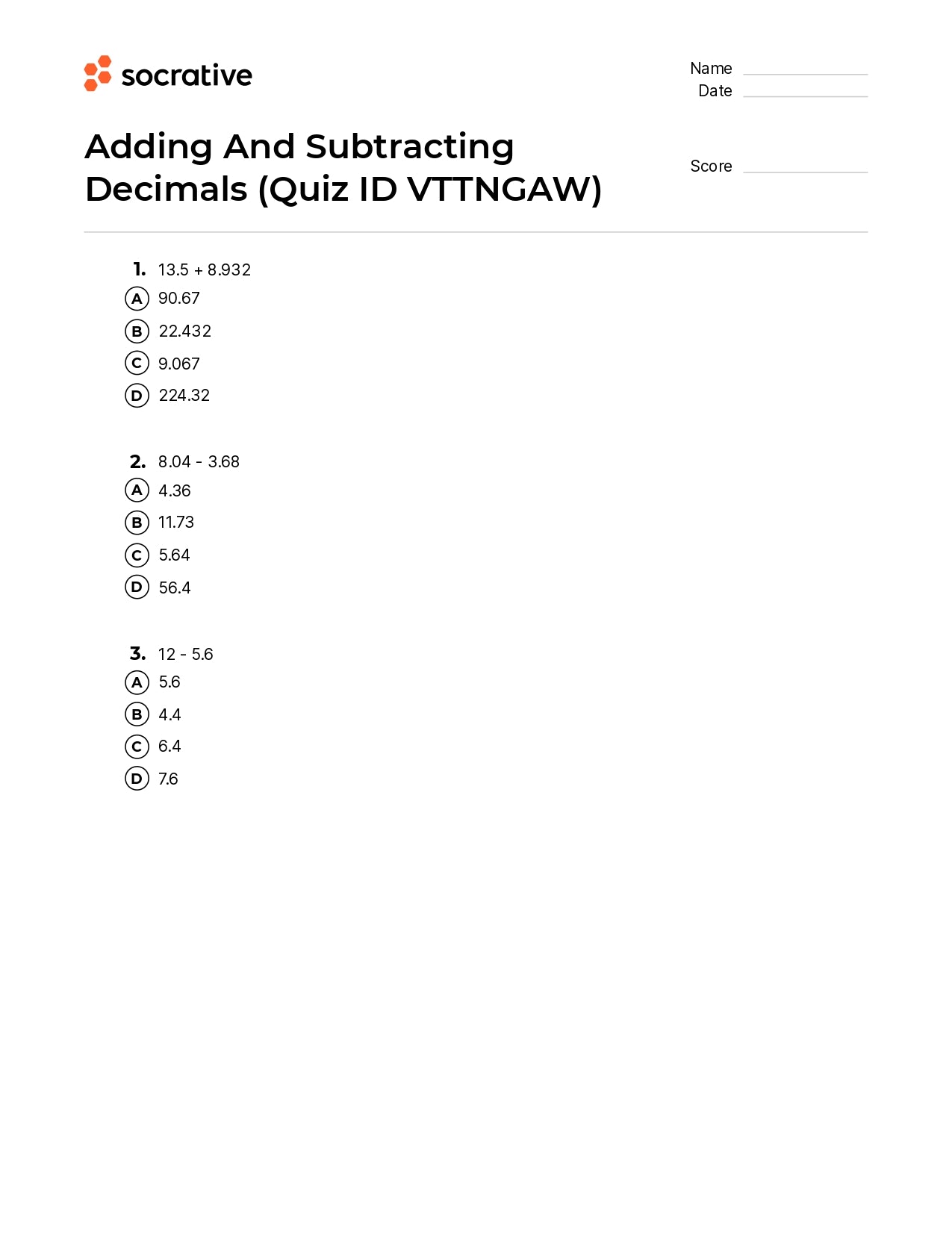 Adding And Subtracting Decimals