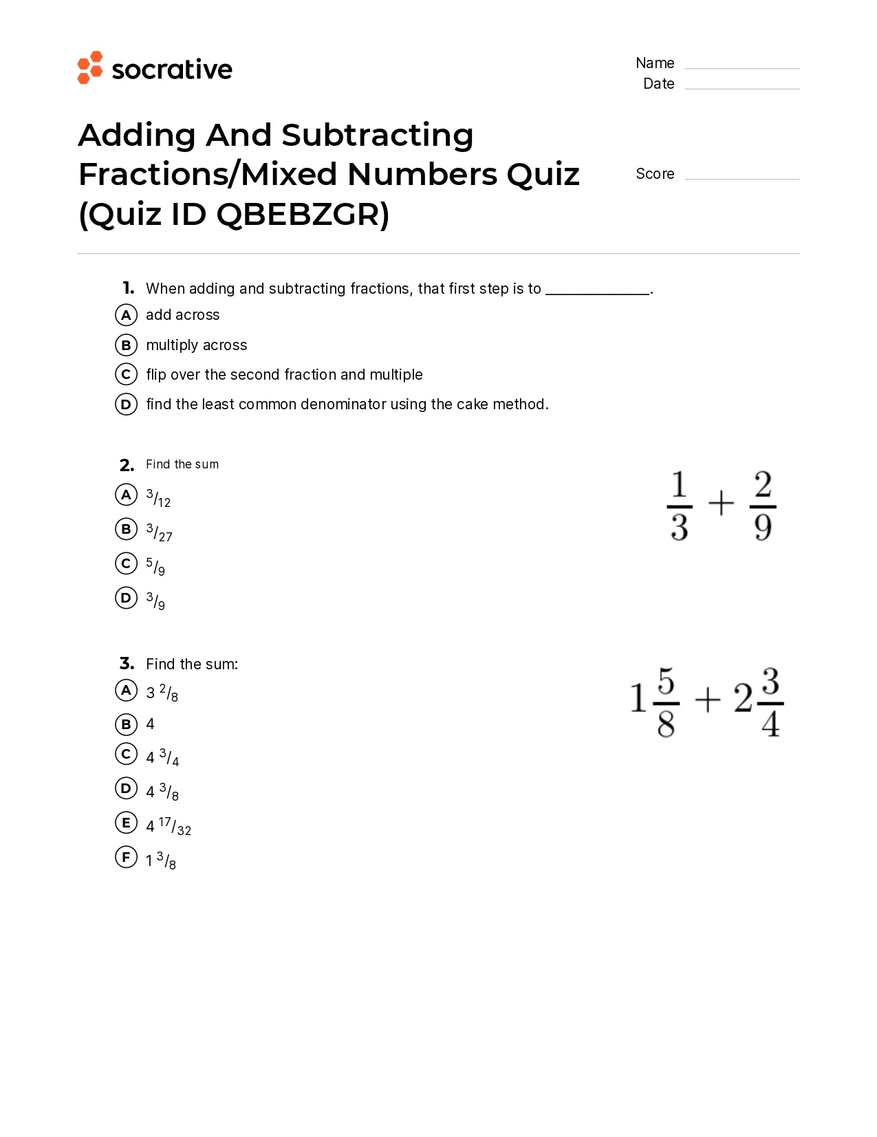 Adding And Subtracting Fractions/Mixed Numbers Quiz