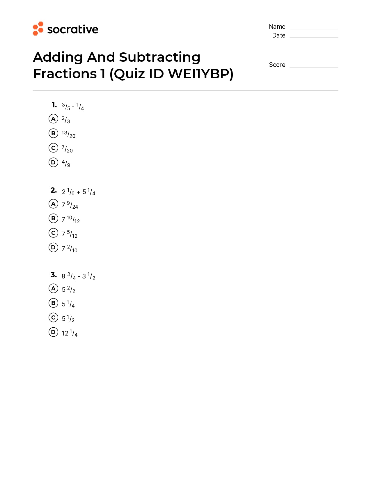 Adding And Subtracting Fractions 1