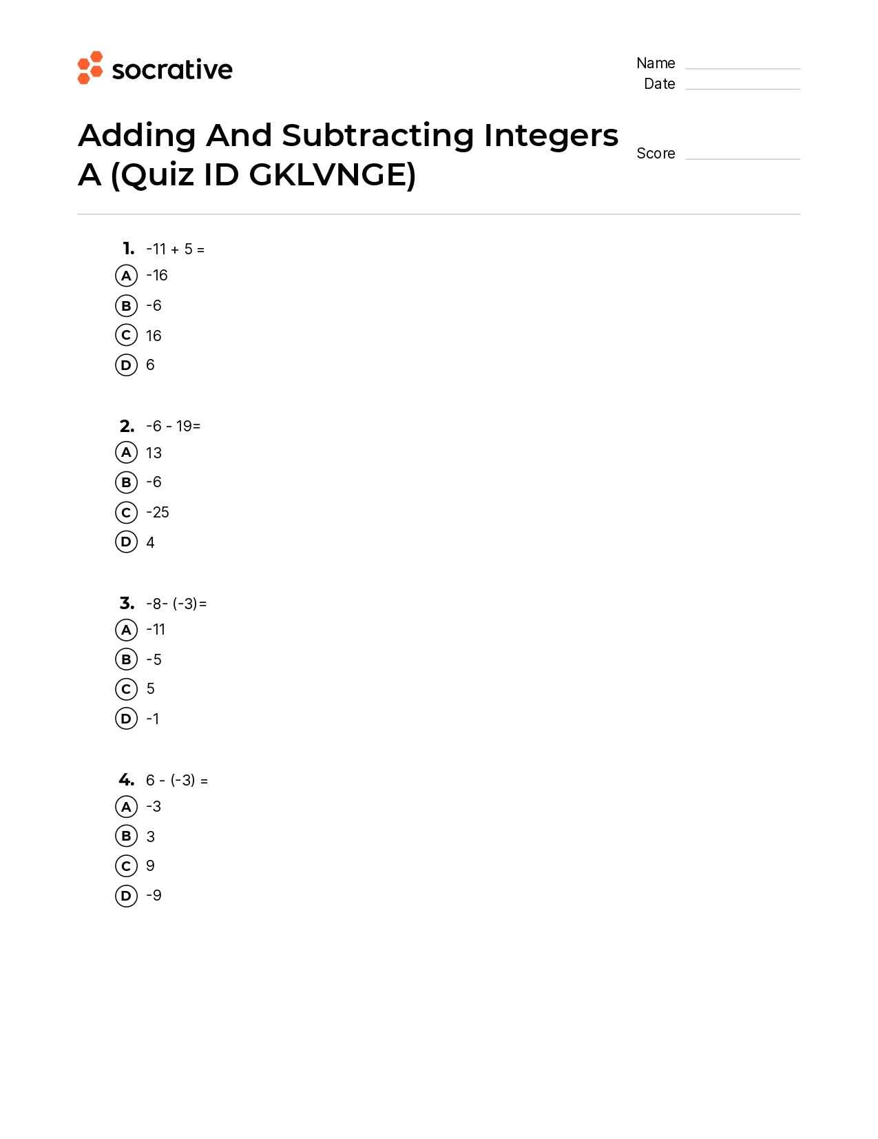 Adding And Subtracting Integers A