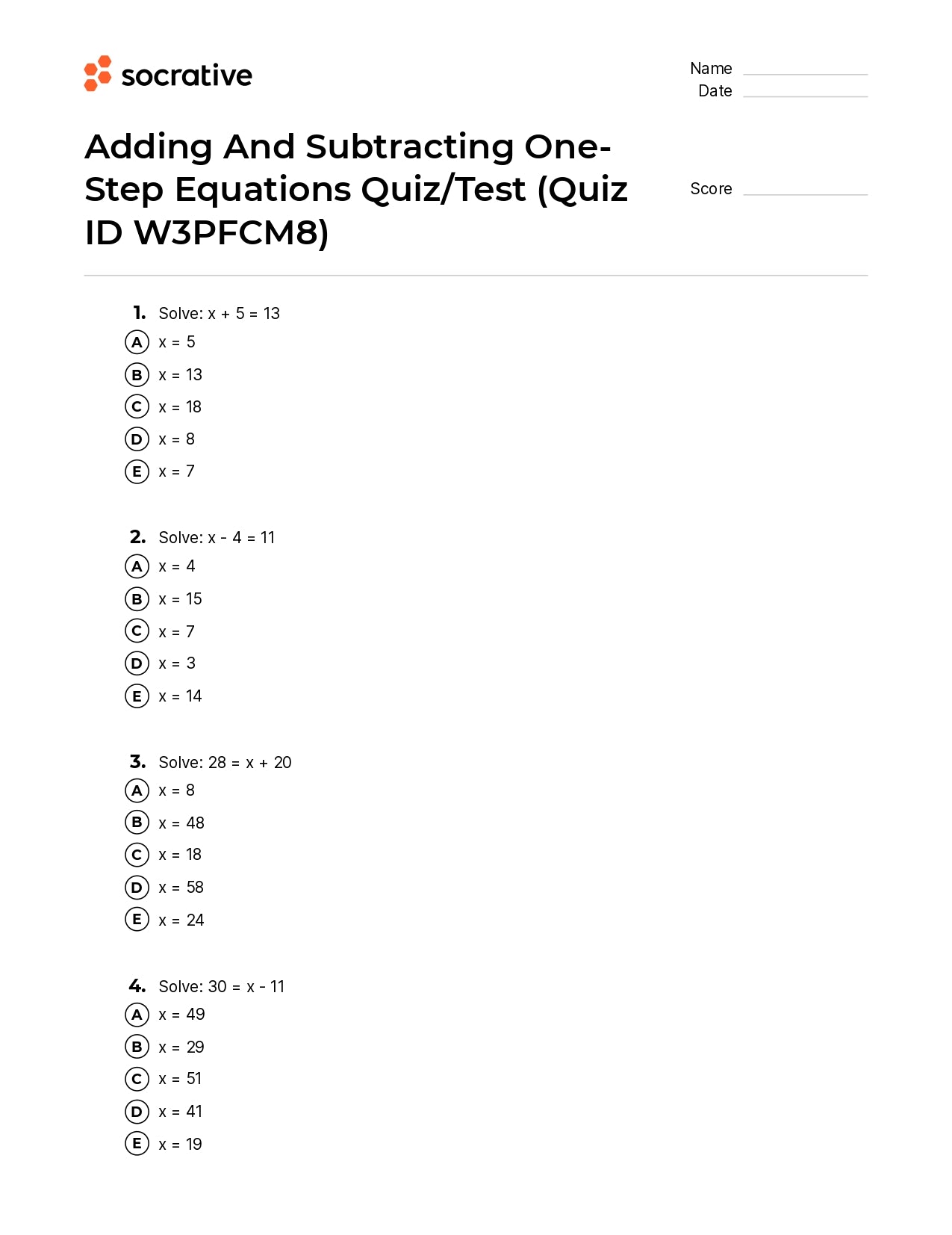 Adding And Subtracting One-Step Equations Quiz/Test