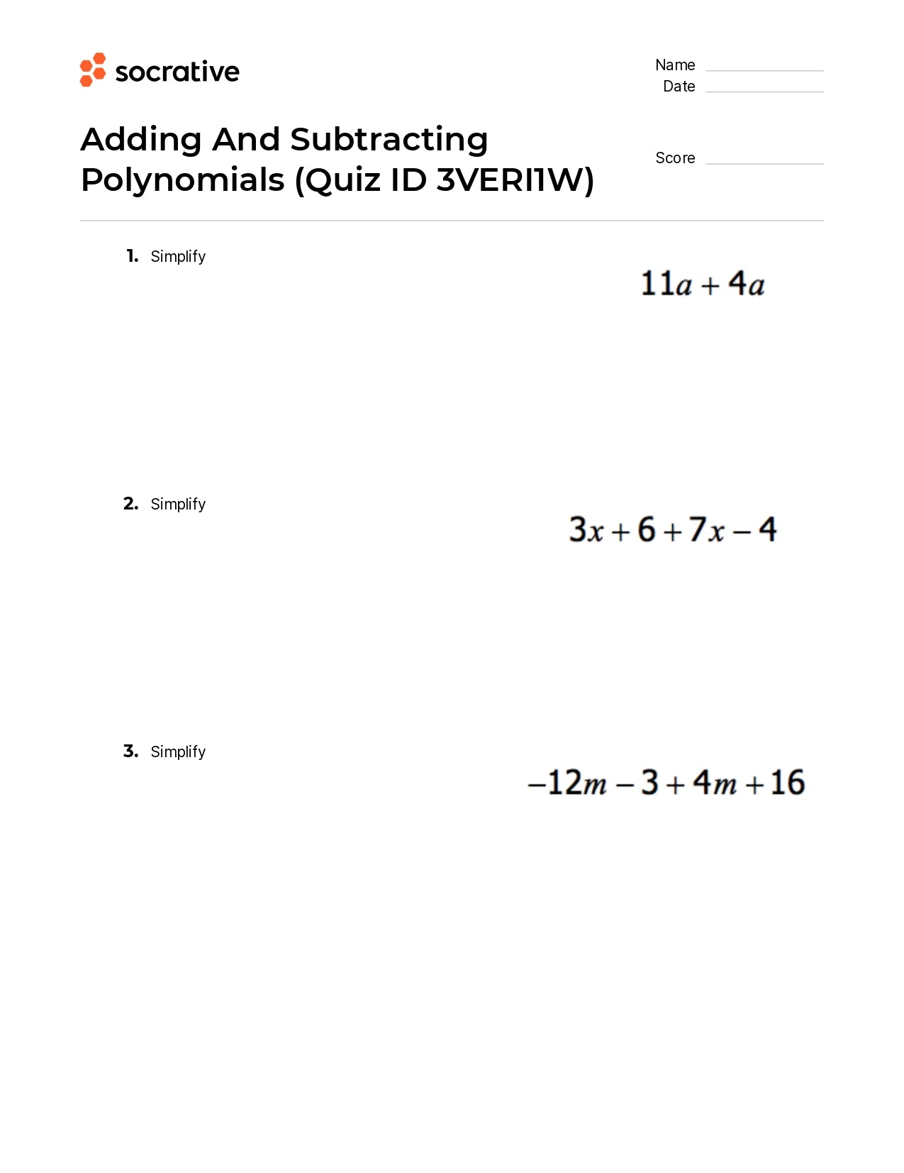 Adding And Subtracting Polynomials