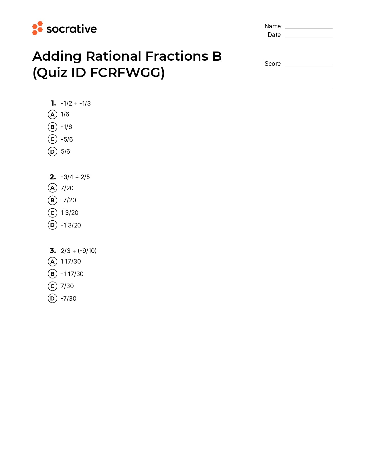 Adding Rational Fractions B