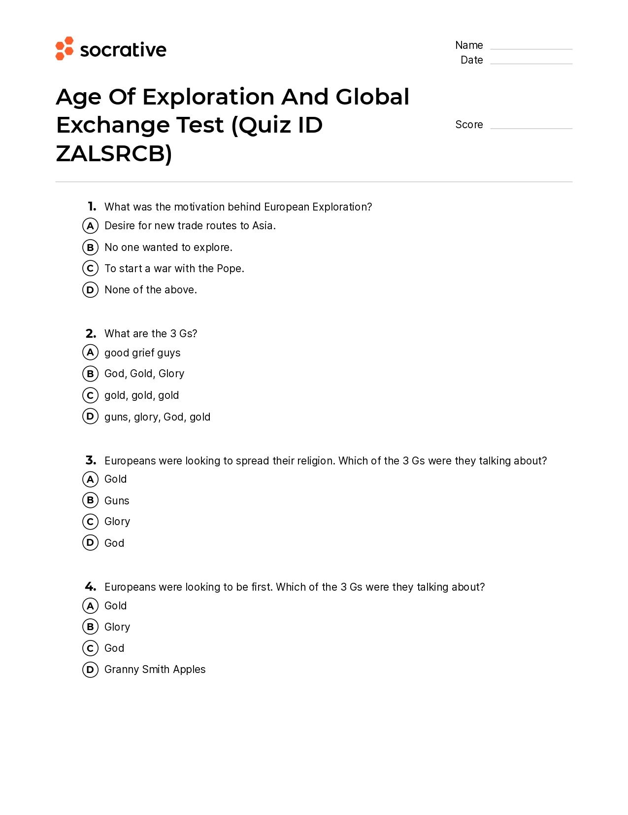 Age Of Exploration And Global Exchange Test