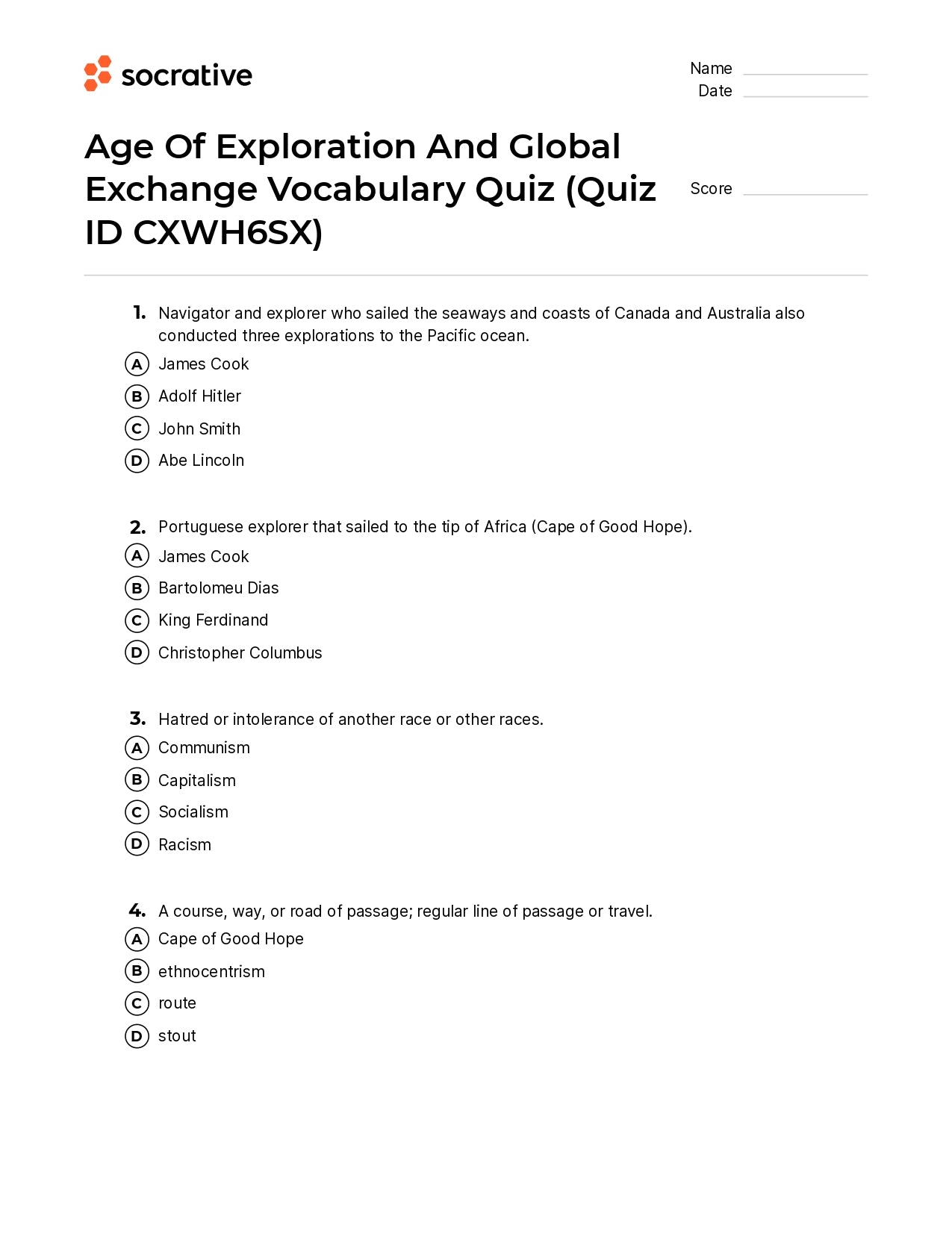 Age Of Exploration And Global Exchange Vocabulary Quiz