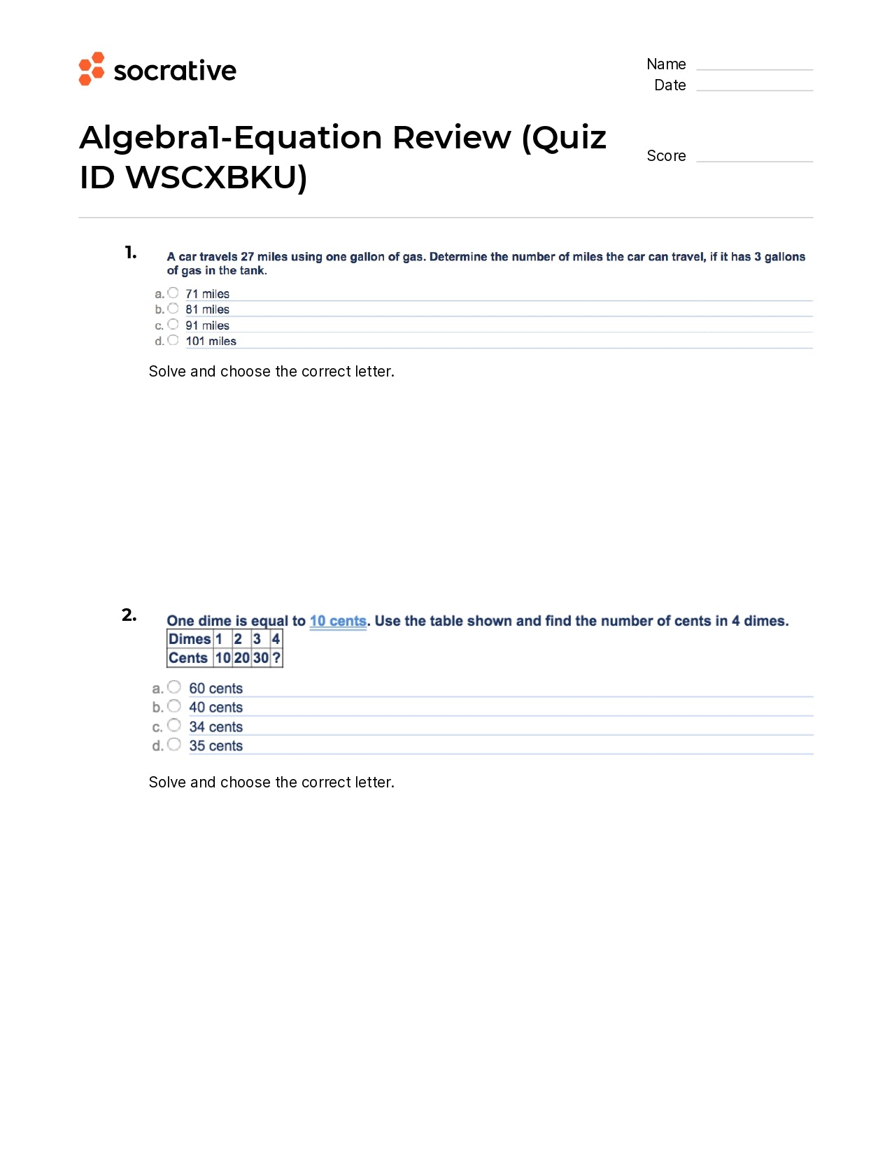 Algebra 1-Equation Review