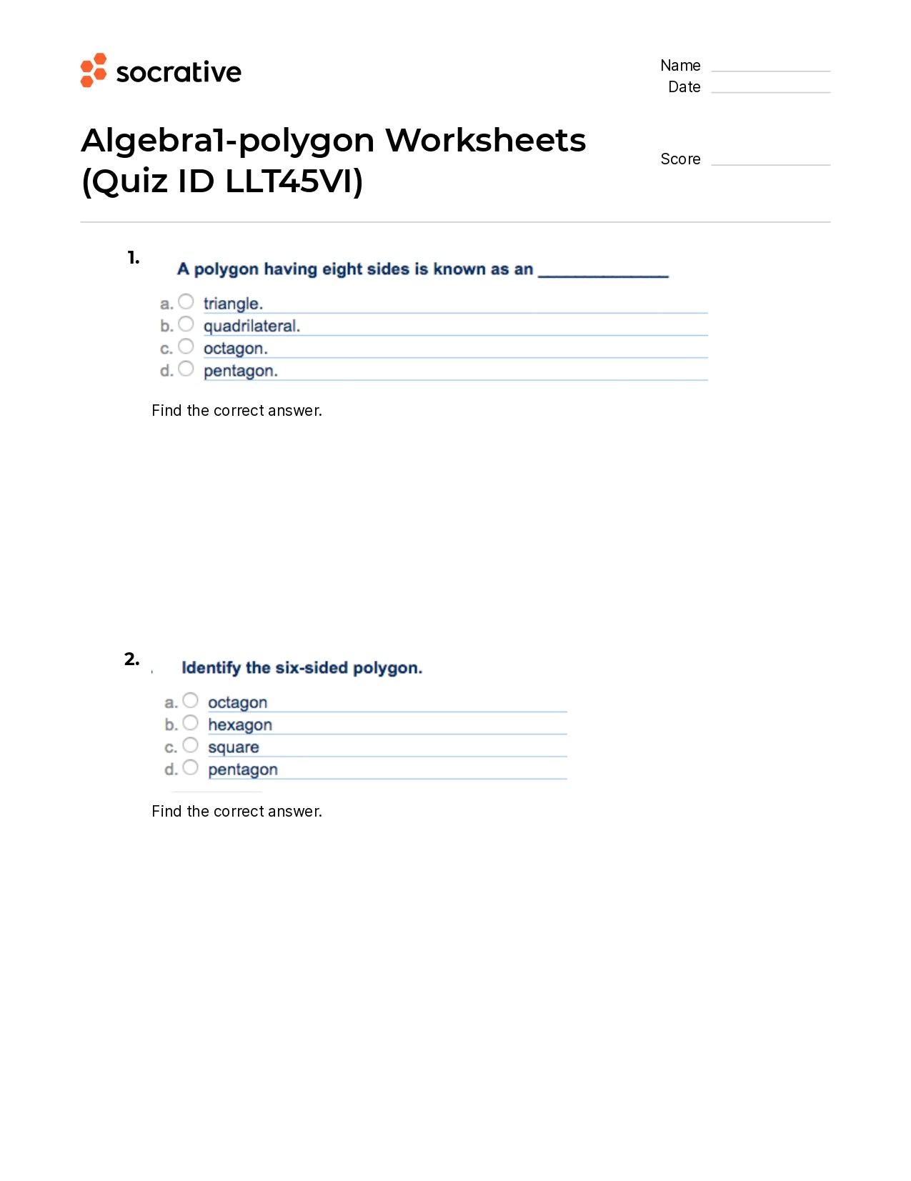 Algebra 1-Polygon Worksheets
