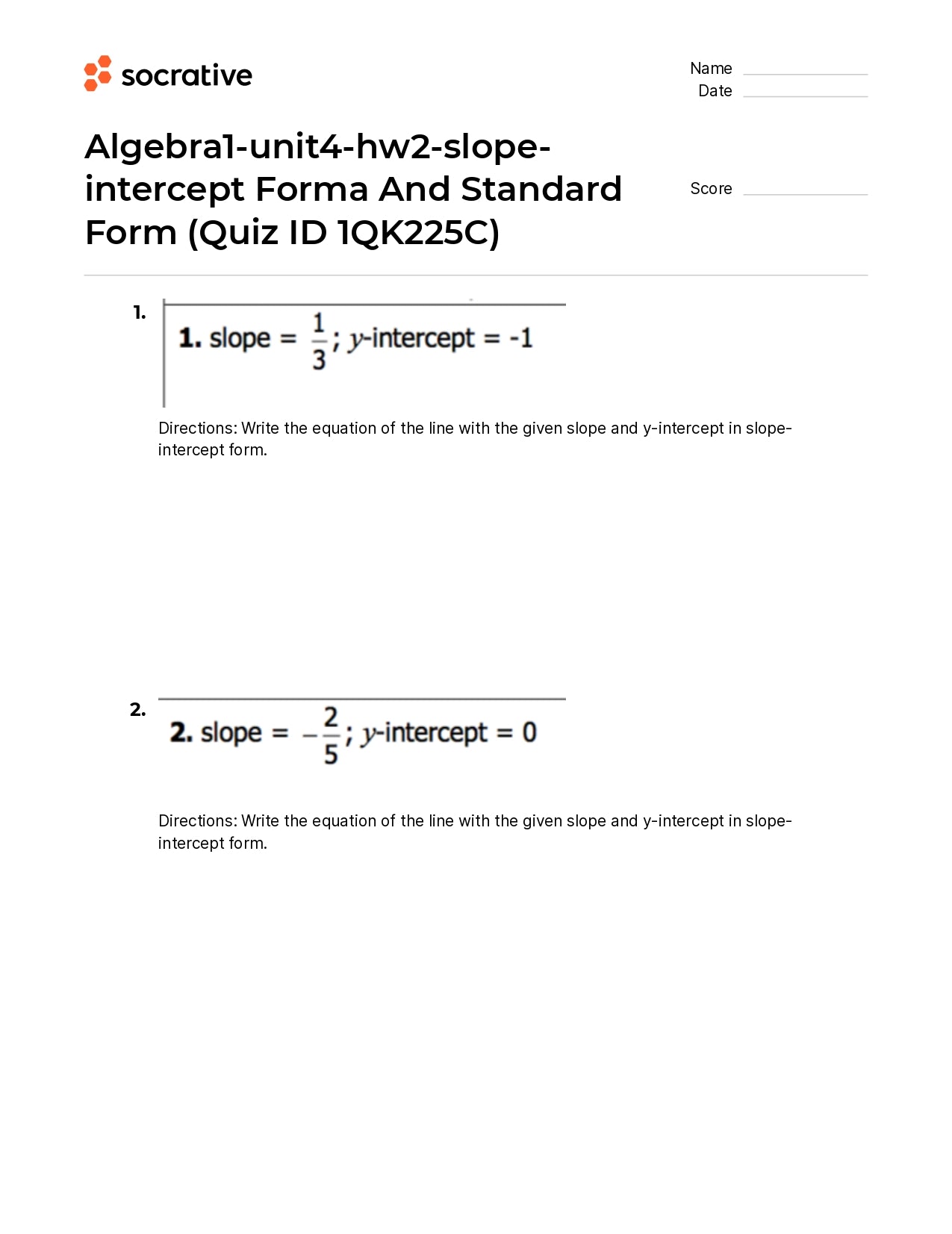 Algebra 1-Unit4-Hw2-Slope-Intercept Forma And Standard Form