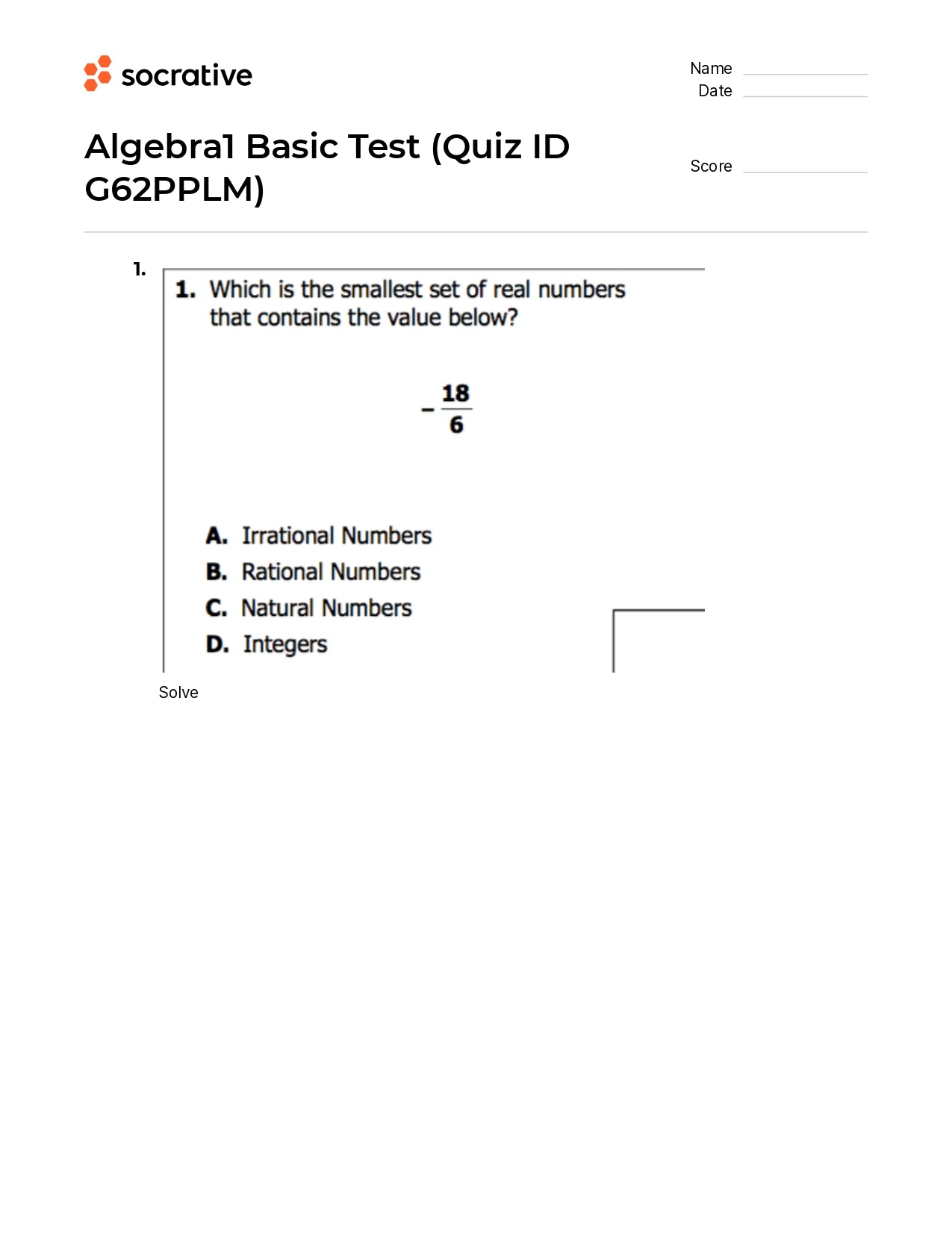Algebra 1 Basic Test