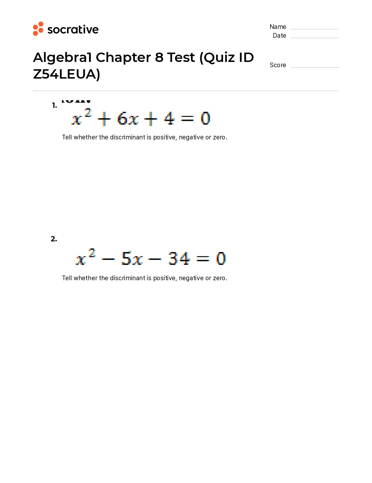 Algebra 1 Chapter 8 Test