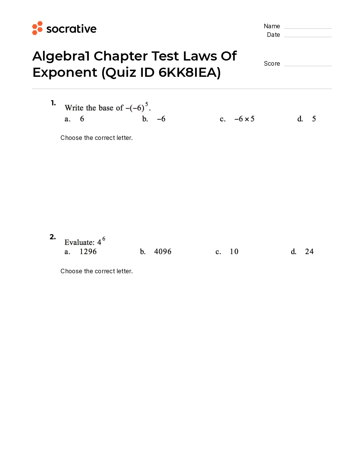 Algebra 1 Chapter Test Laws Of Exponent