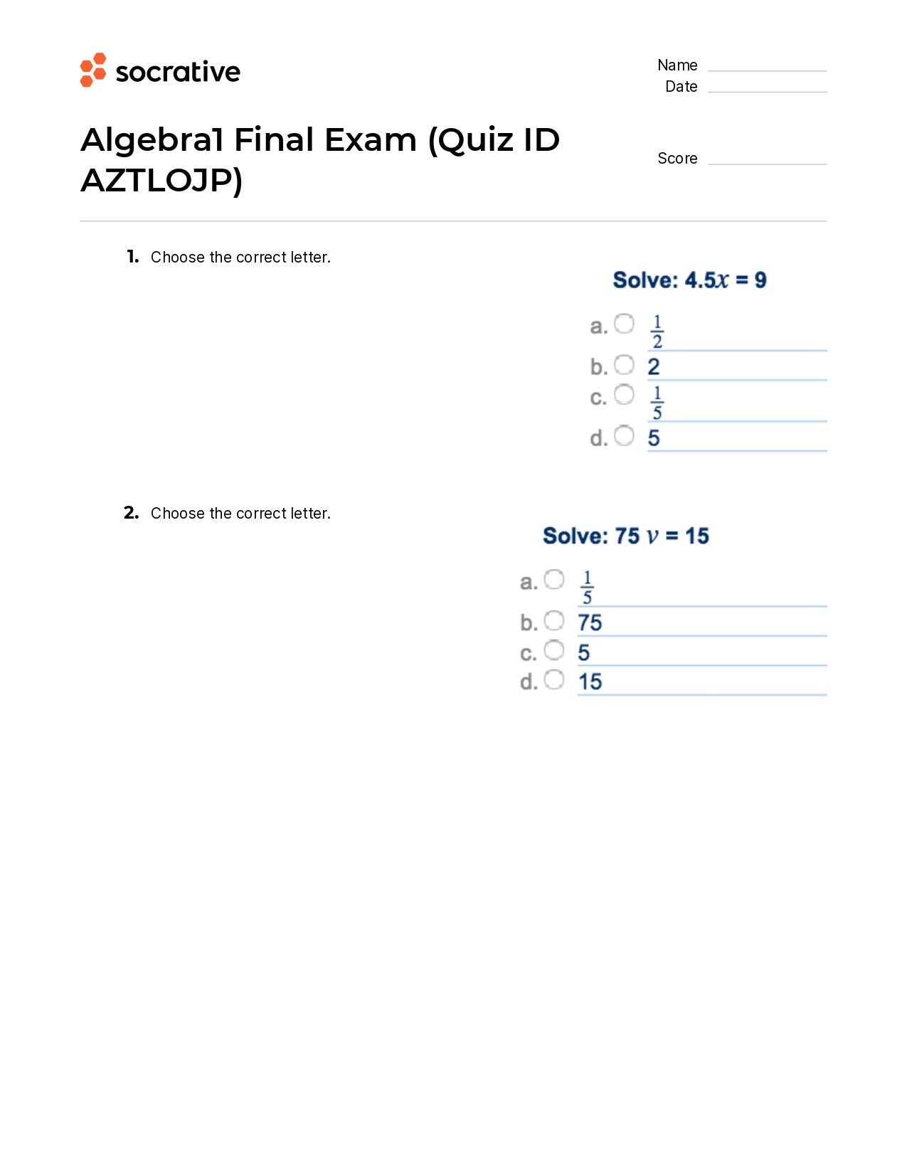 Algebra 1 Final Exam