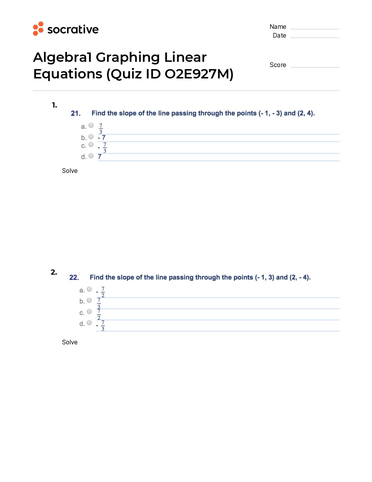 Algebra 1 Graphing Linear Equations