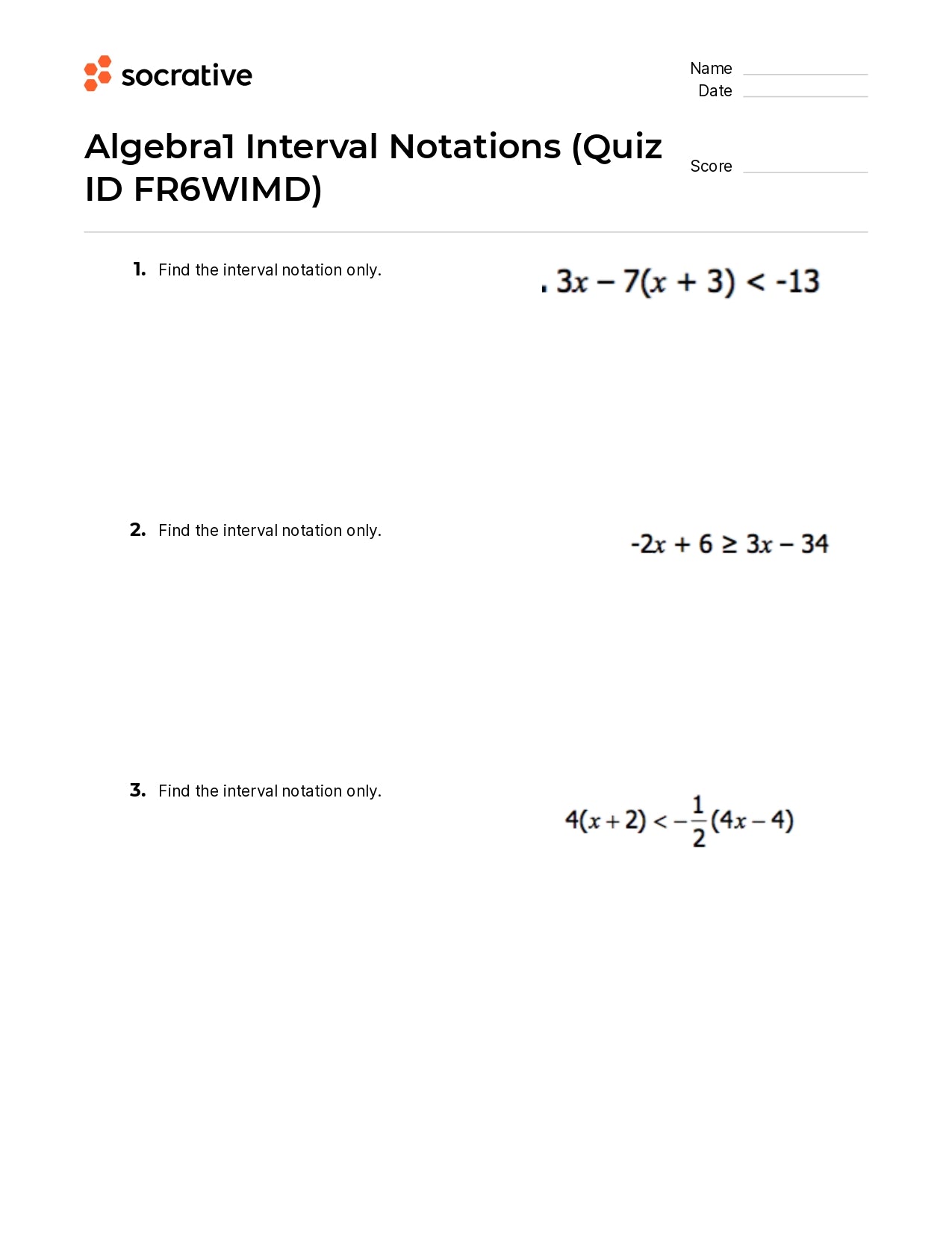 Algebra 1 Interval Notations