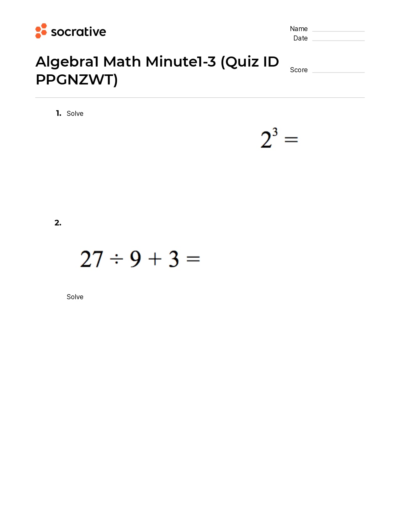 Algebra 1 Math Minute1-3