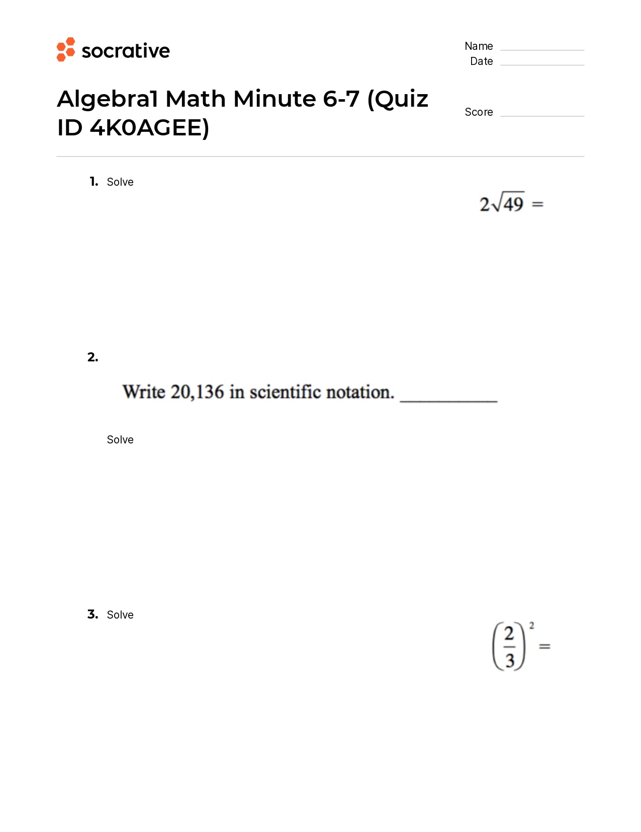 Algebra 1 Math Minute 6-7