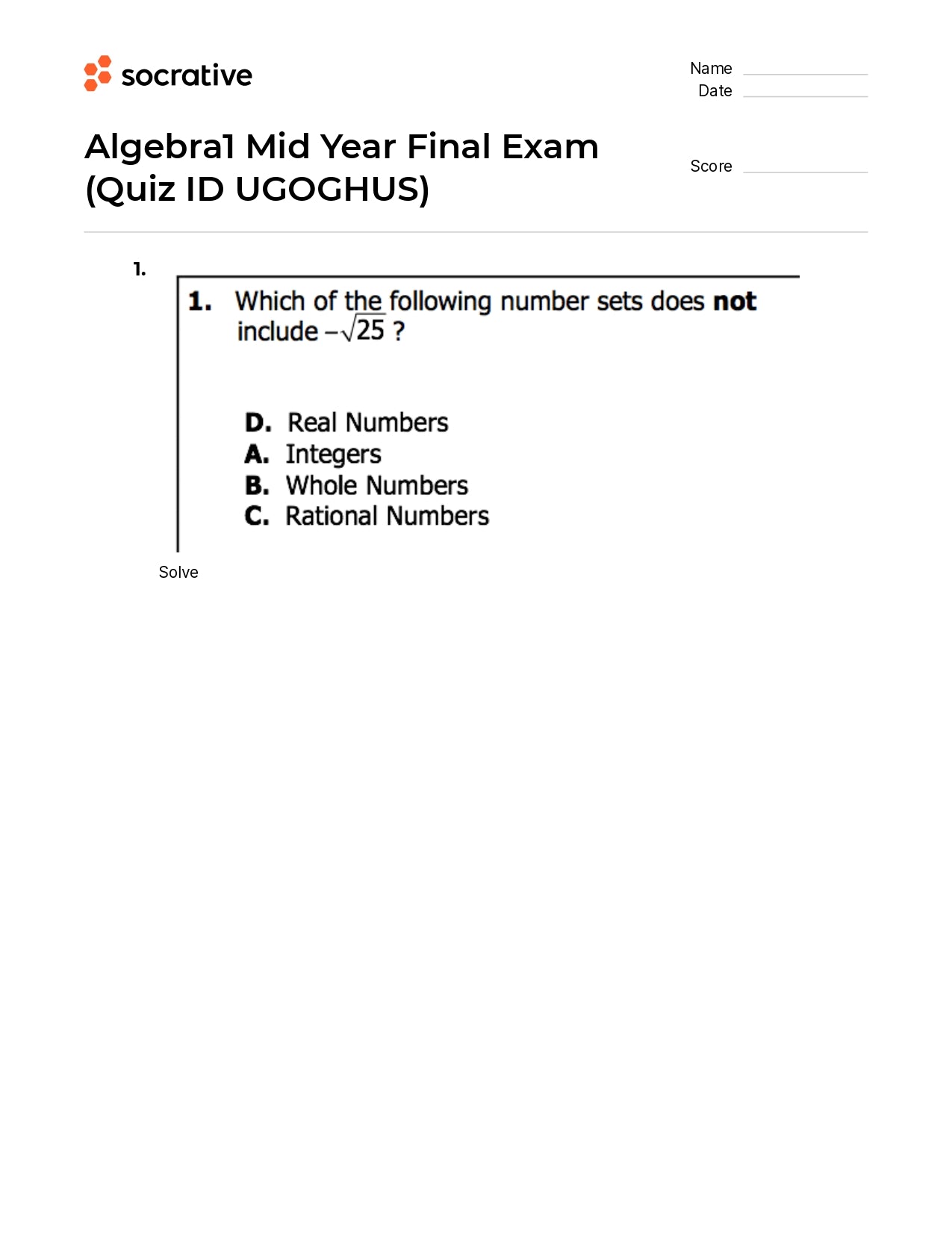 Algebra 1 Mid Year Final Exam