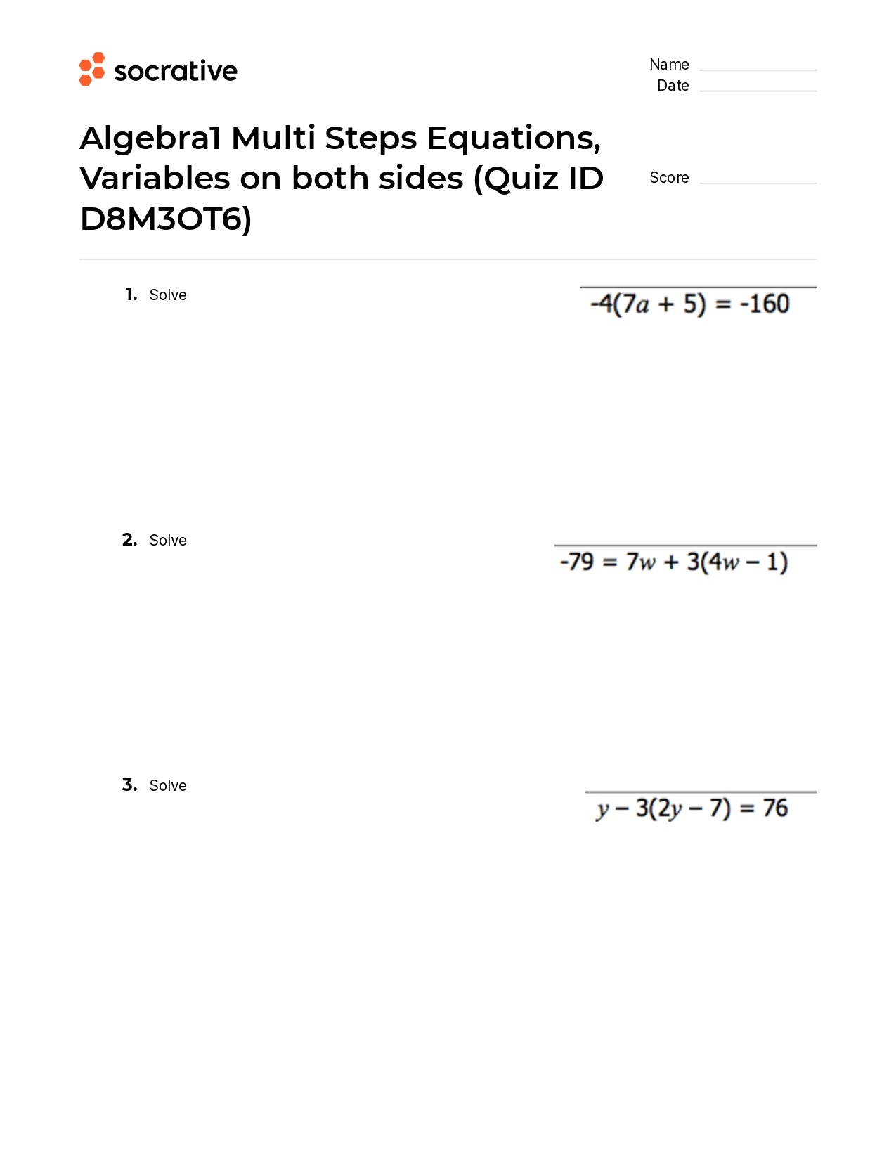 Algebra 1 Multi Steps Equations Variables On Both Sides