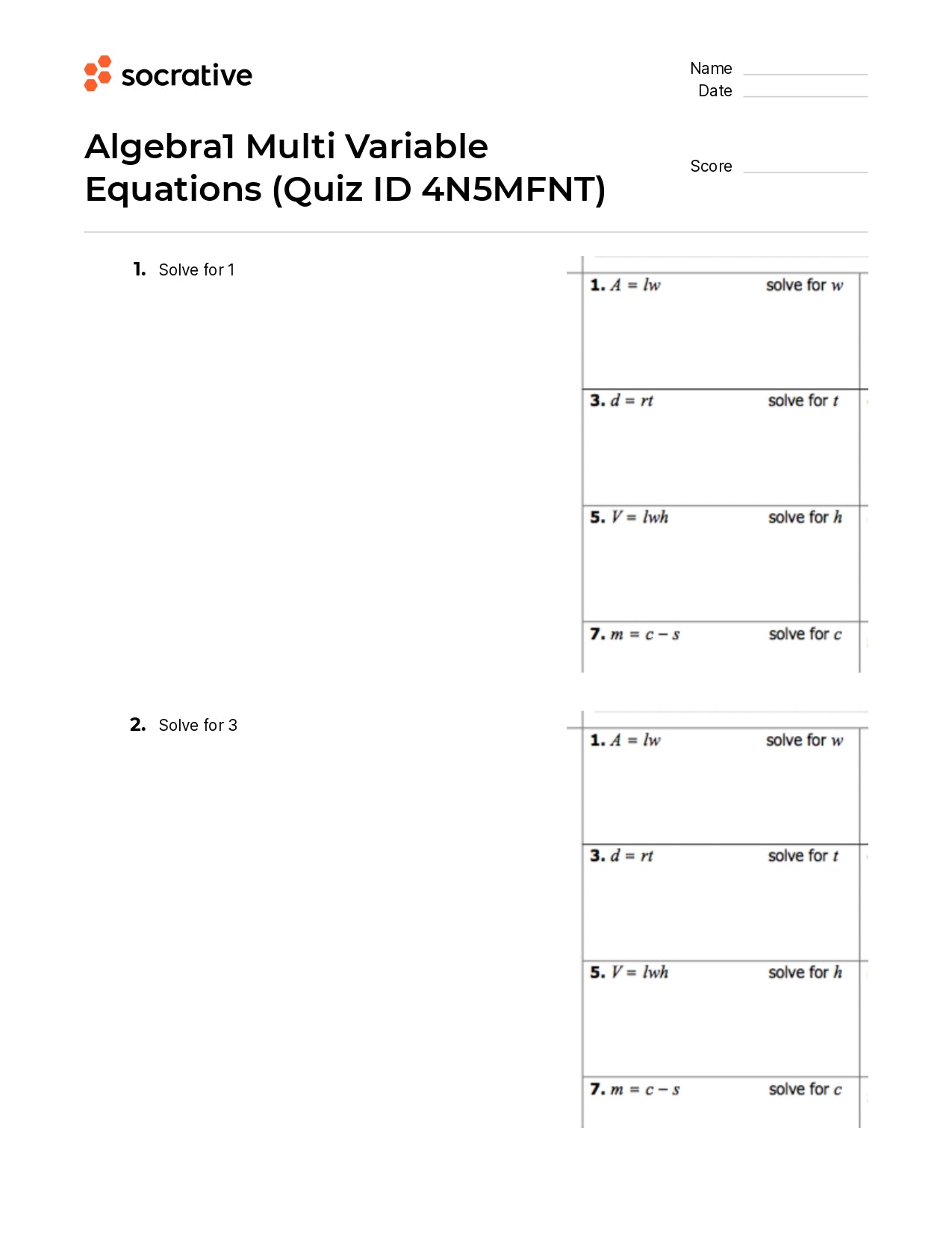 Algebra 1 Multi Variable Equations