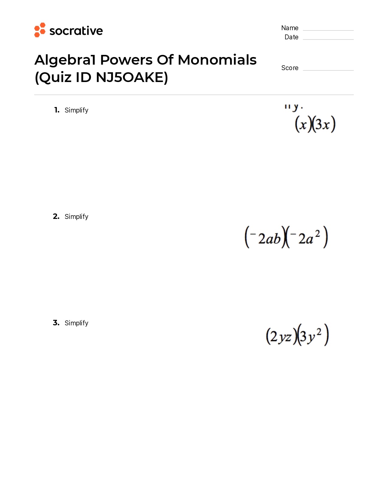 Algebra 1 Powers Of Monomials