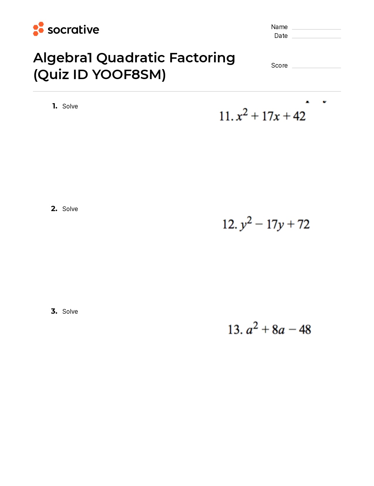 Algebra 1 Quadratic Factoring