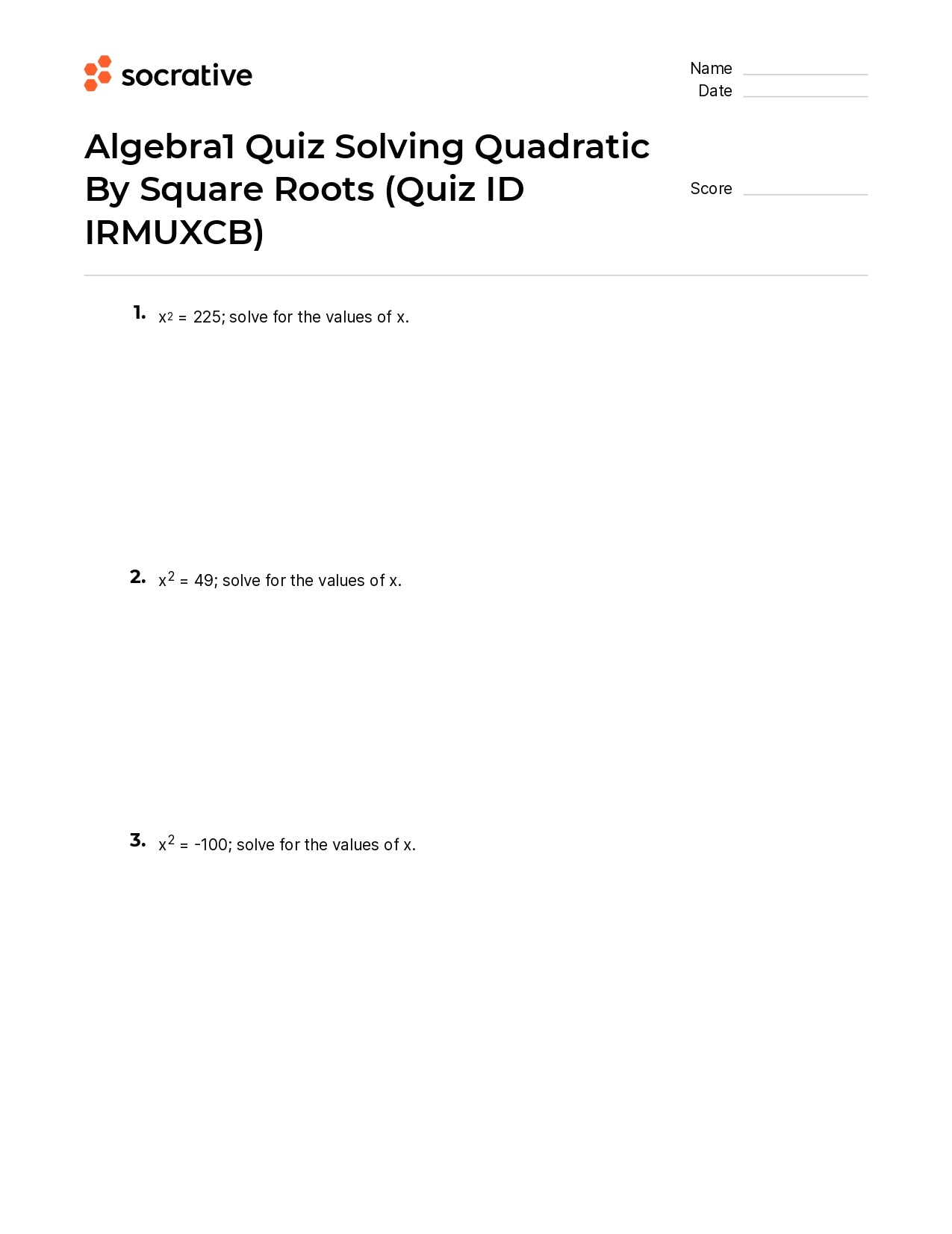 Algebra 1 Quiz Solving Quadratic By Square Roots
