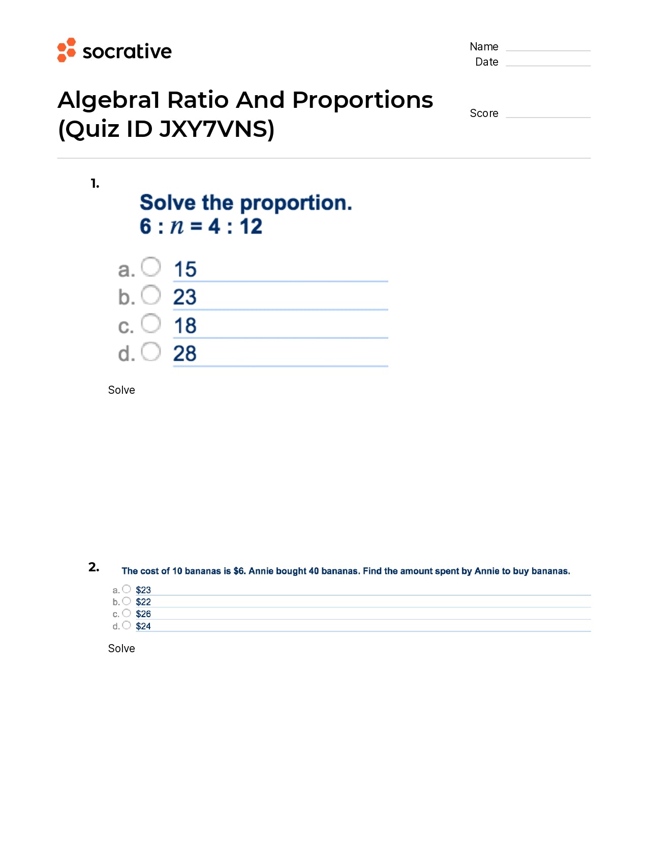 Algebra 1 Ratio And Proportions