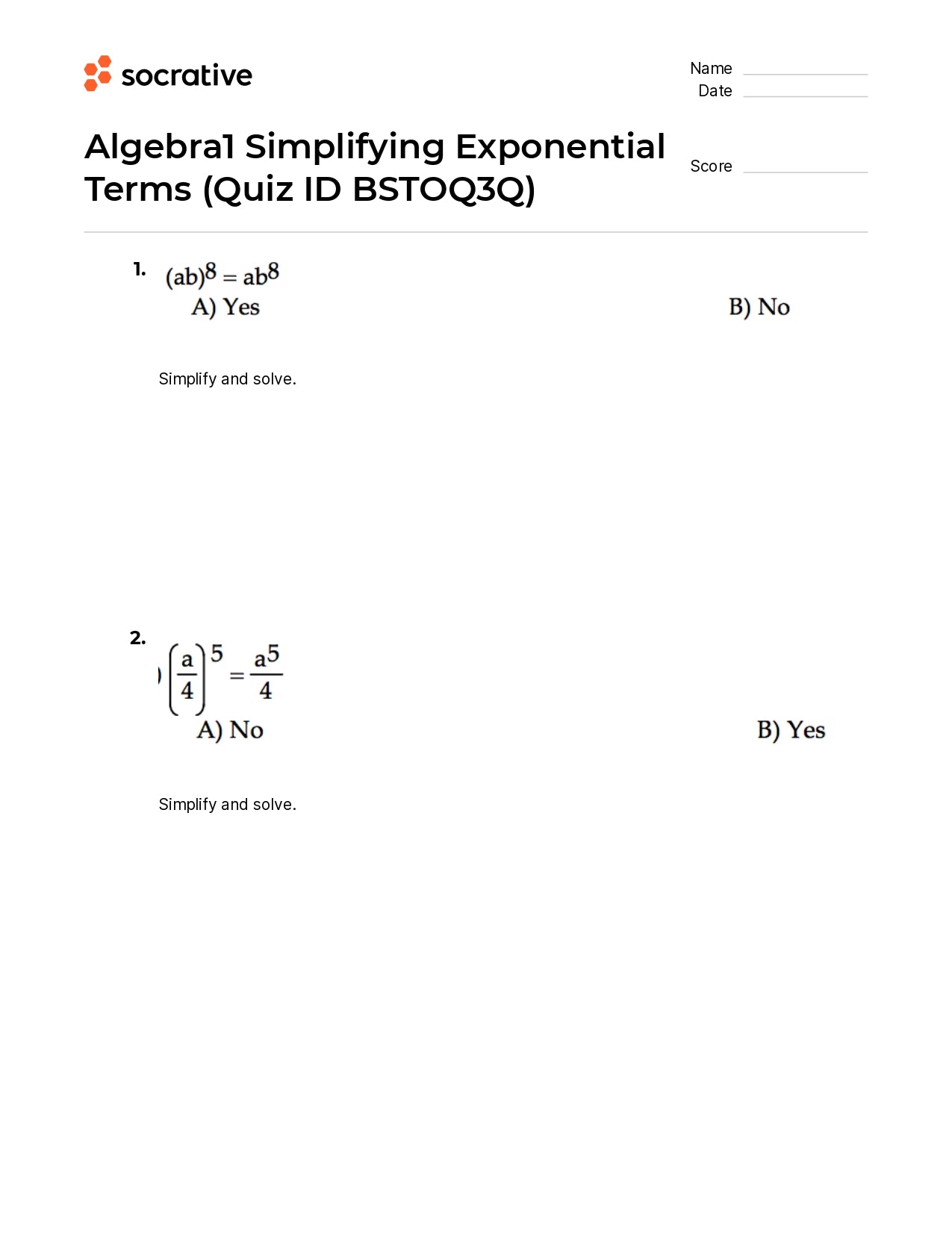 Algebra 1 Simplifying Exponential Terms