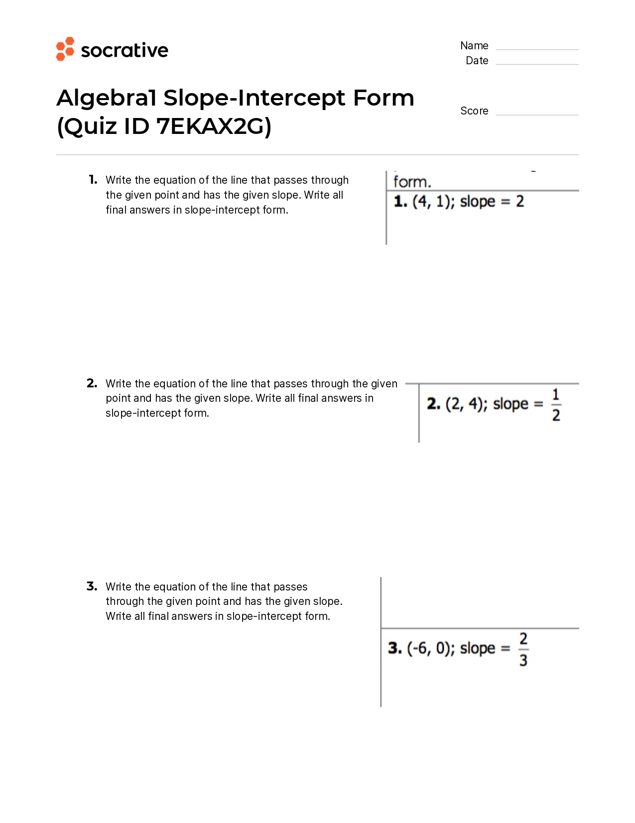 Algebra 1 Slope-Intercept Form