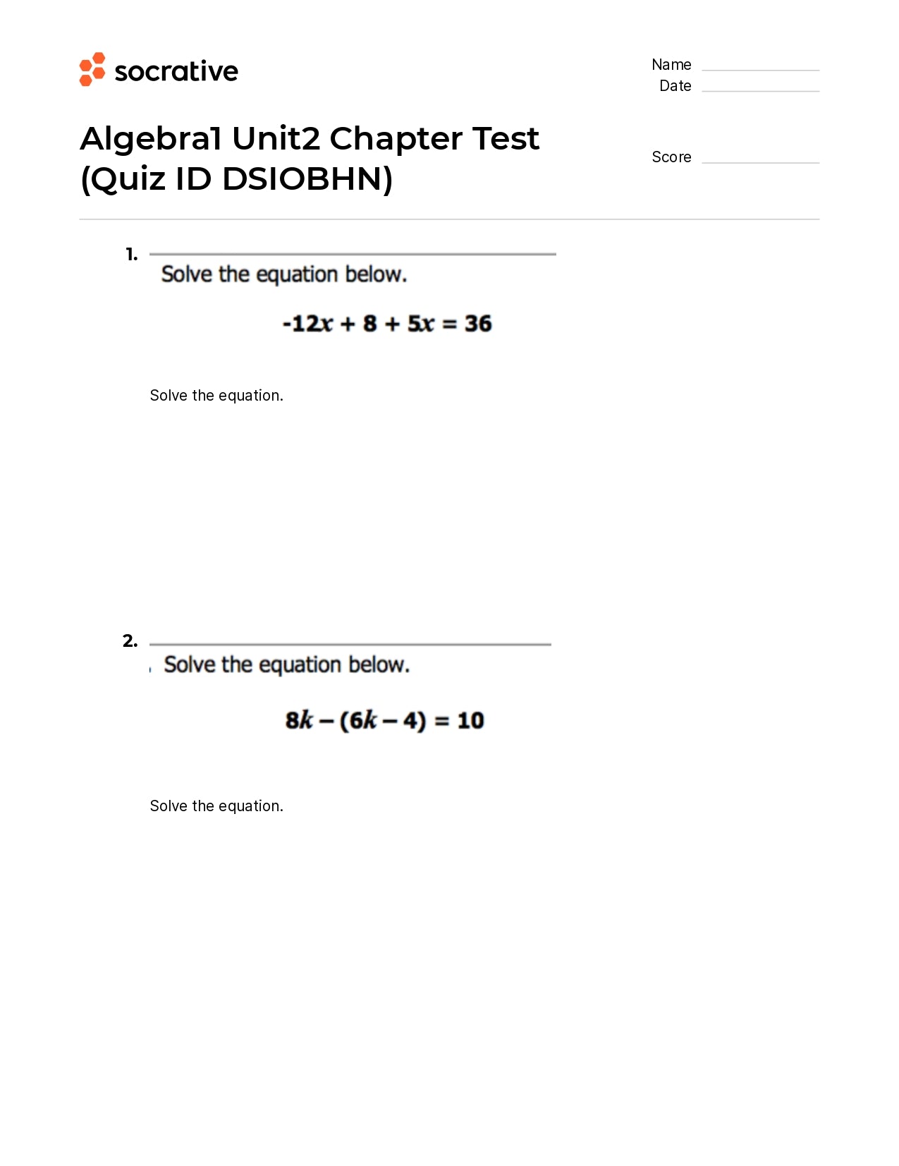 Algebra 1 Unit2 Chapter Test