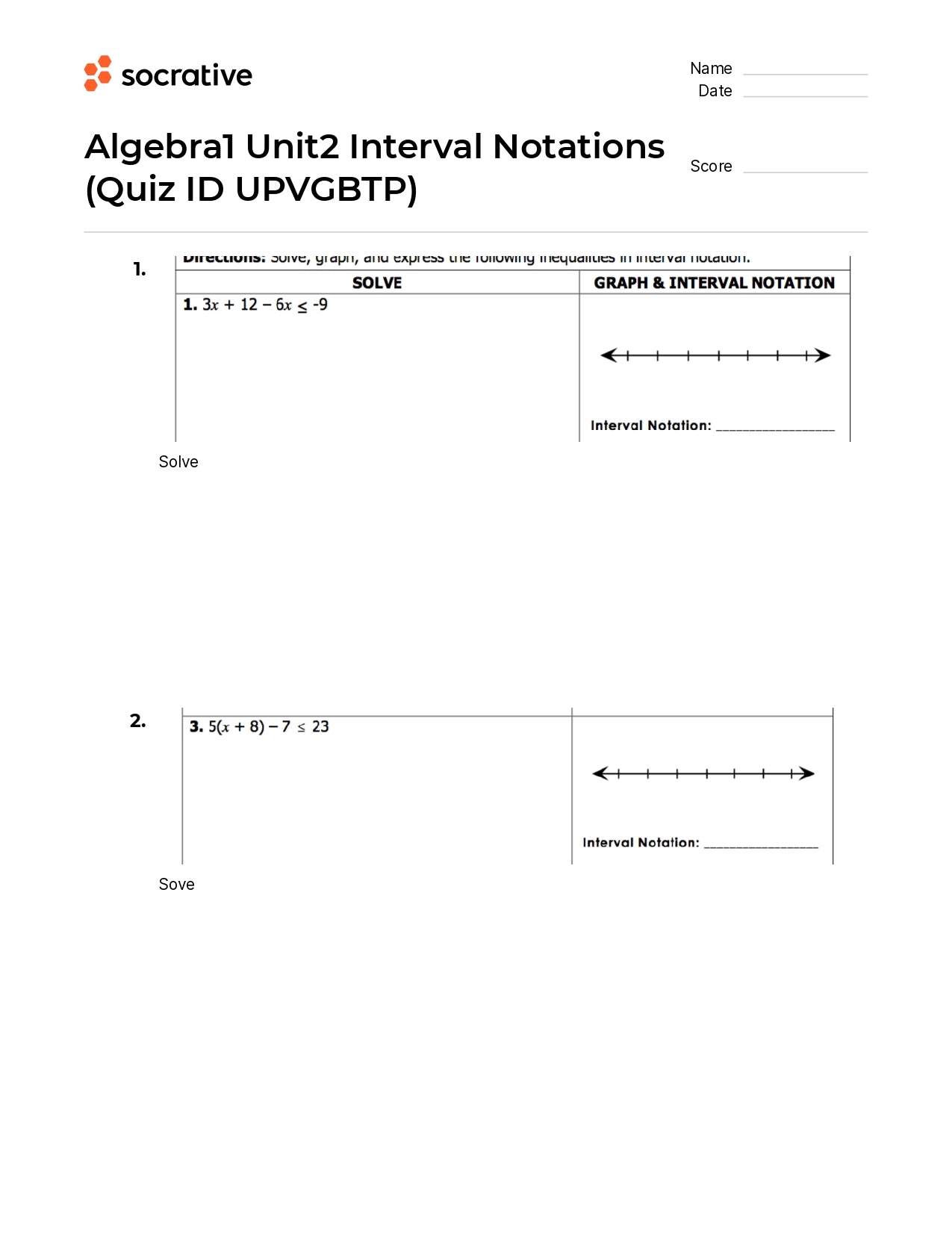 Algebra 1 Unit2 Interval Notations