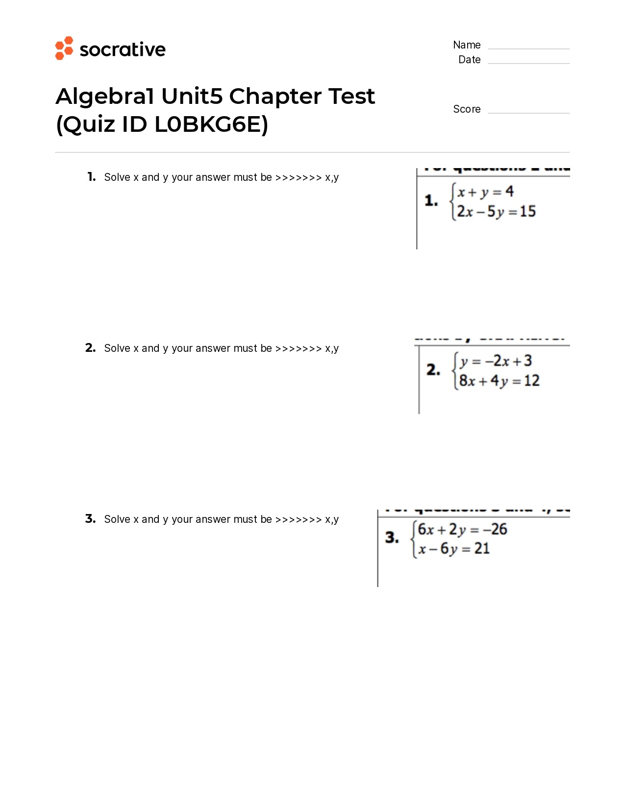 Algebra 1 Unit5 Chapter Test