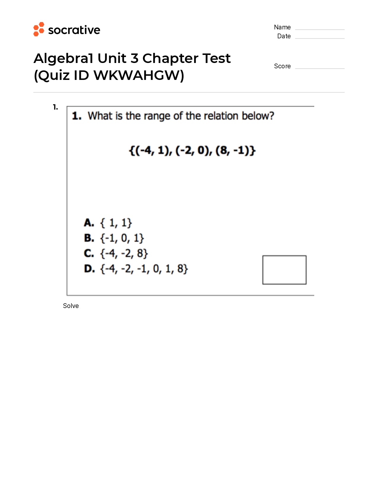 Algebra 1 Unit 3 Chapter Test