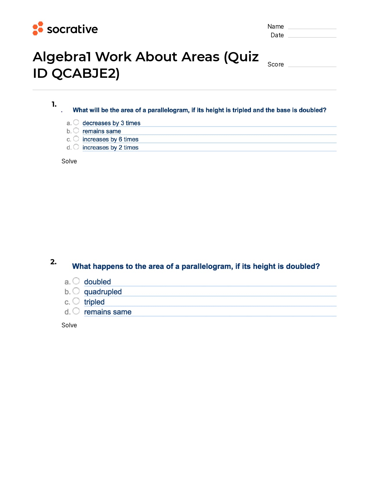 Algebra 1 Work About Areas
