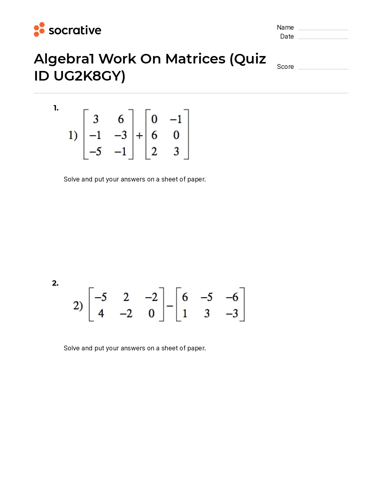 Algebra 1 Work On Matrices