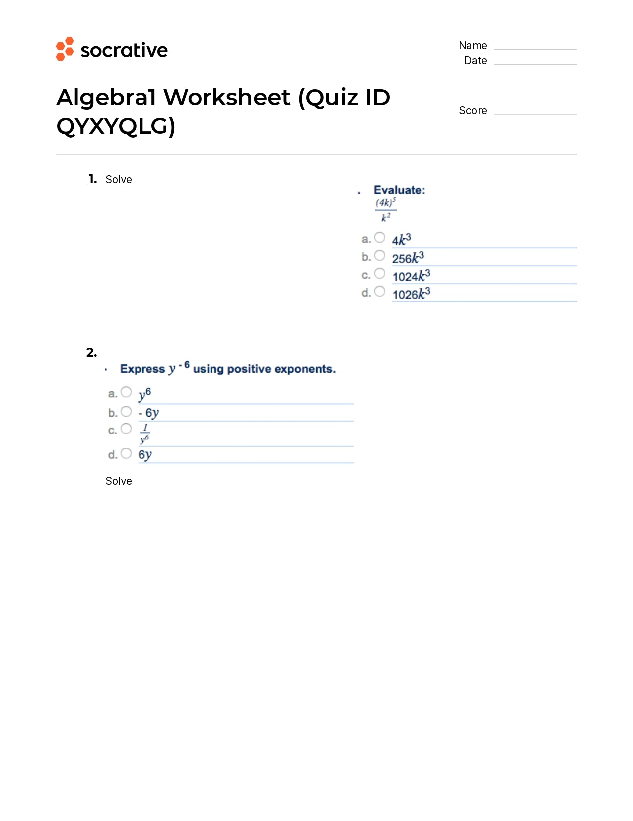 Algebra 1 Worksheet