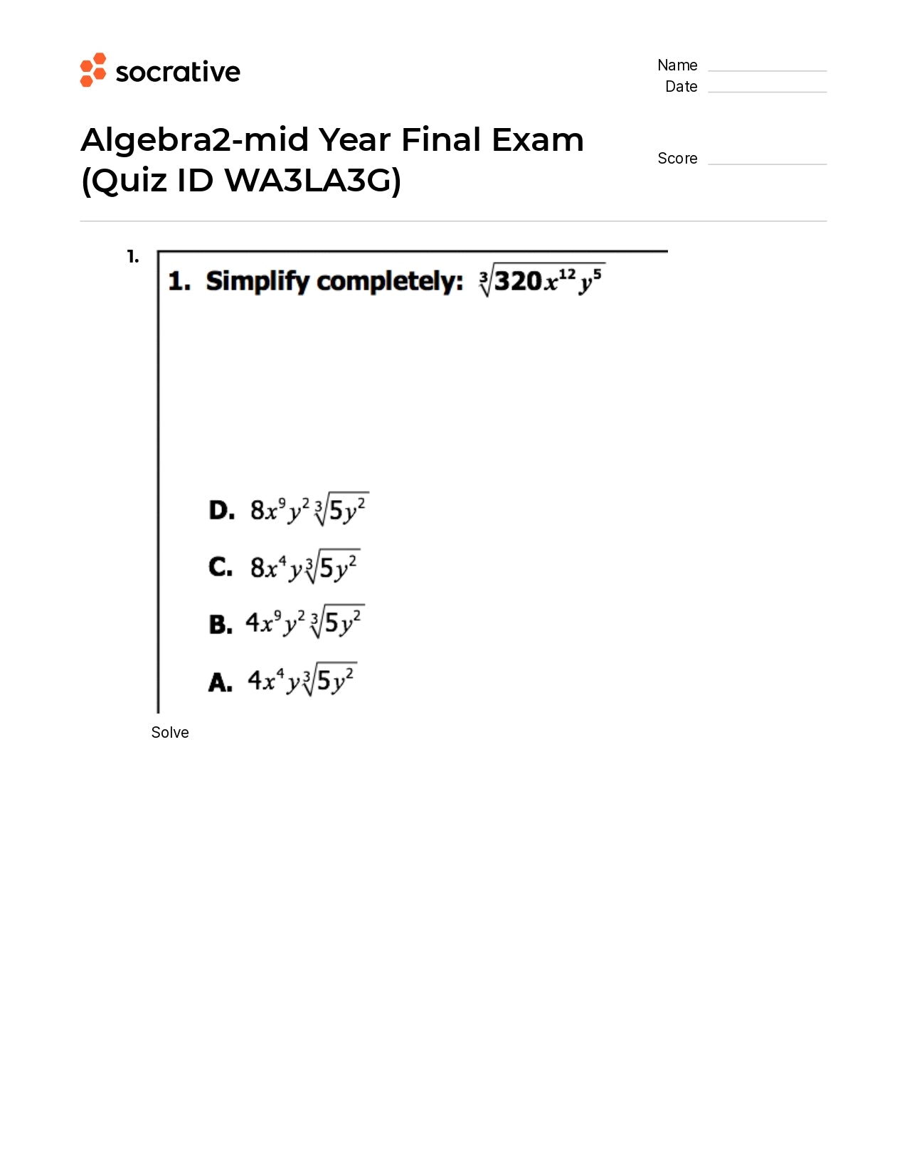 Algebra 2-Mid Year Final Exam