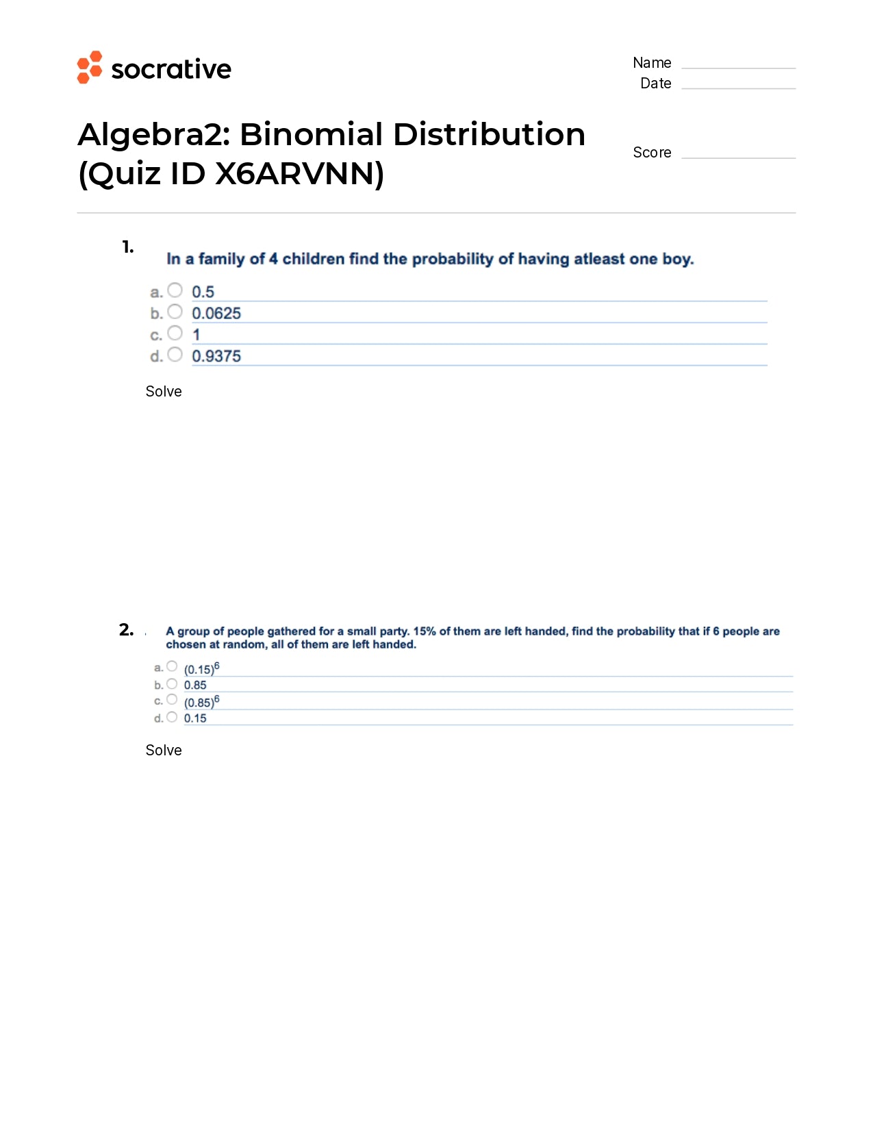 Algebra 2 Binomial Distribution