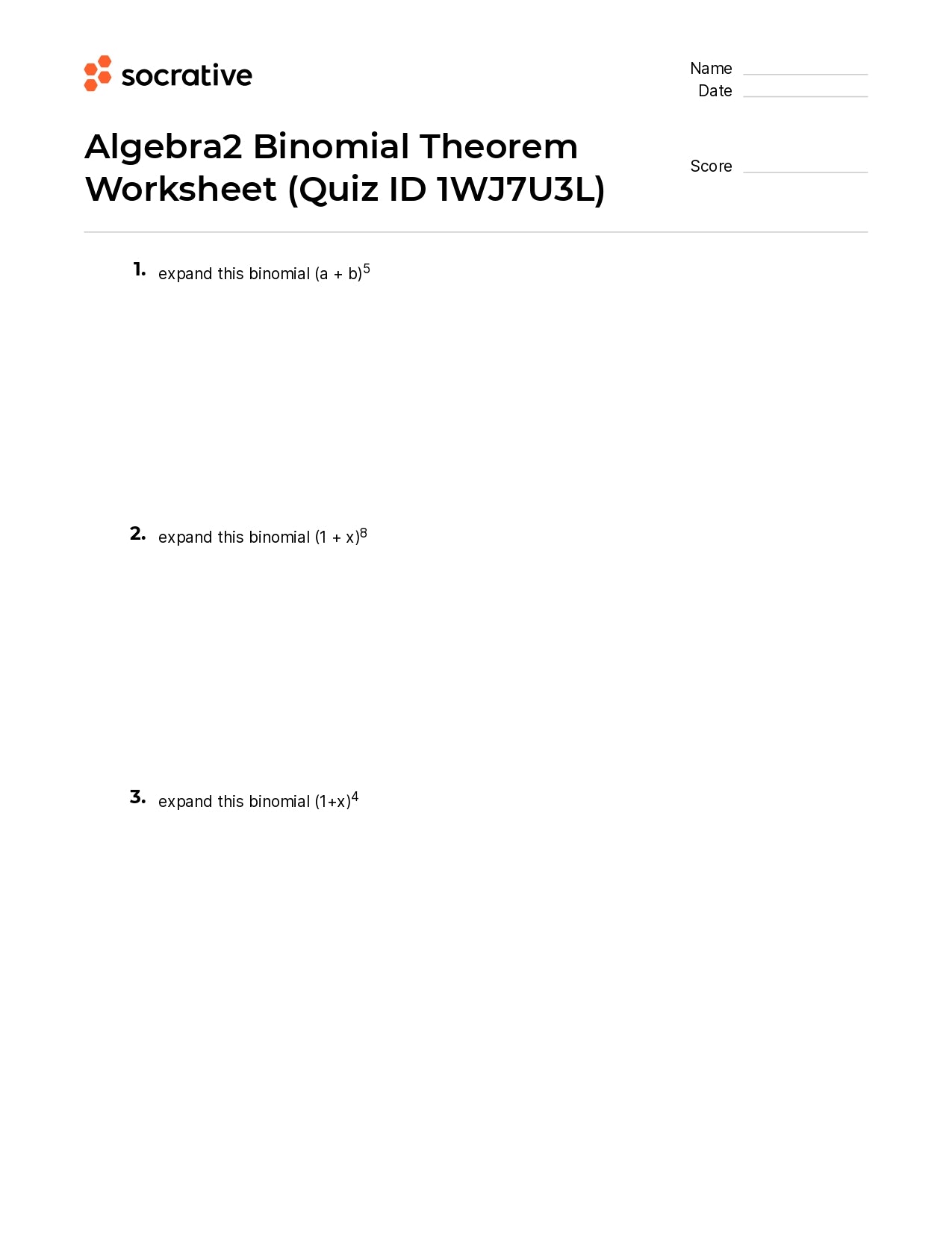 Algebra 2 Binomial Theorem Worksheet Quiz Shop