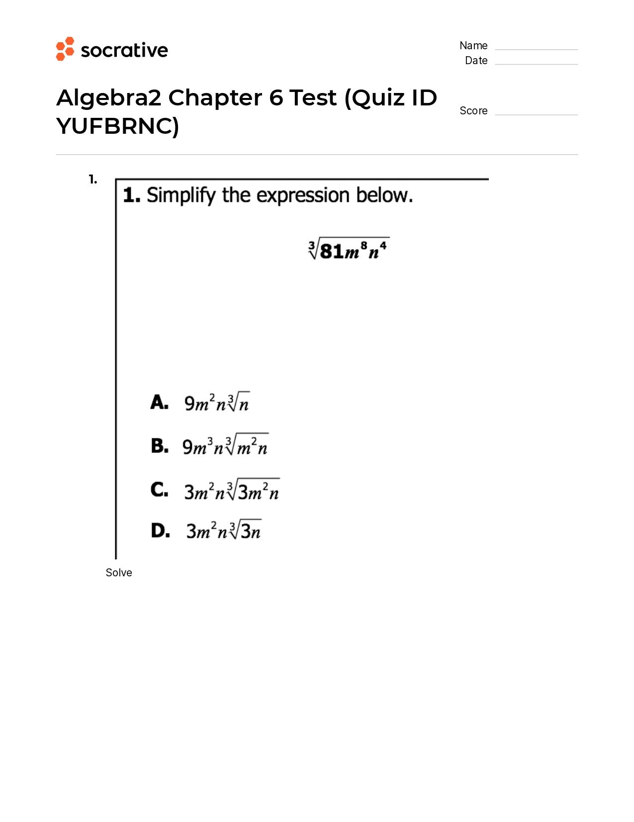 Algebra 2 Chapter 6 Test